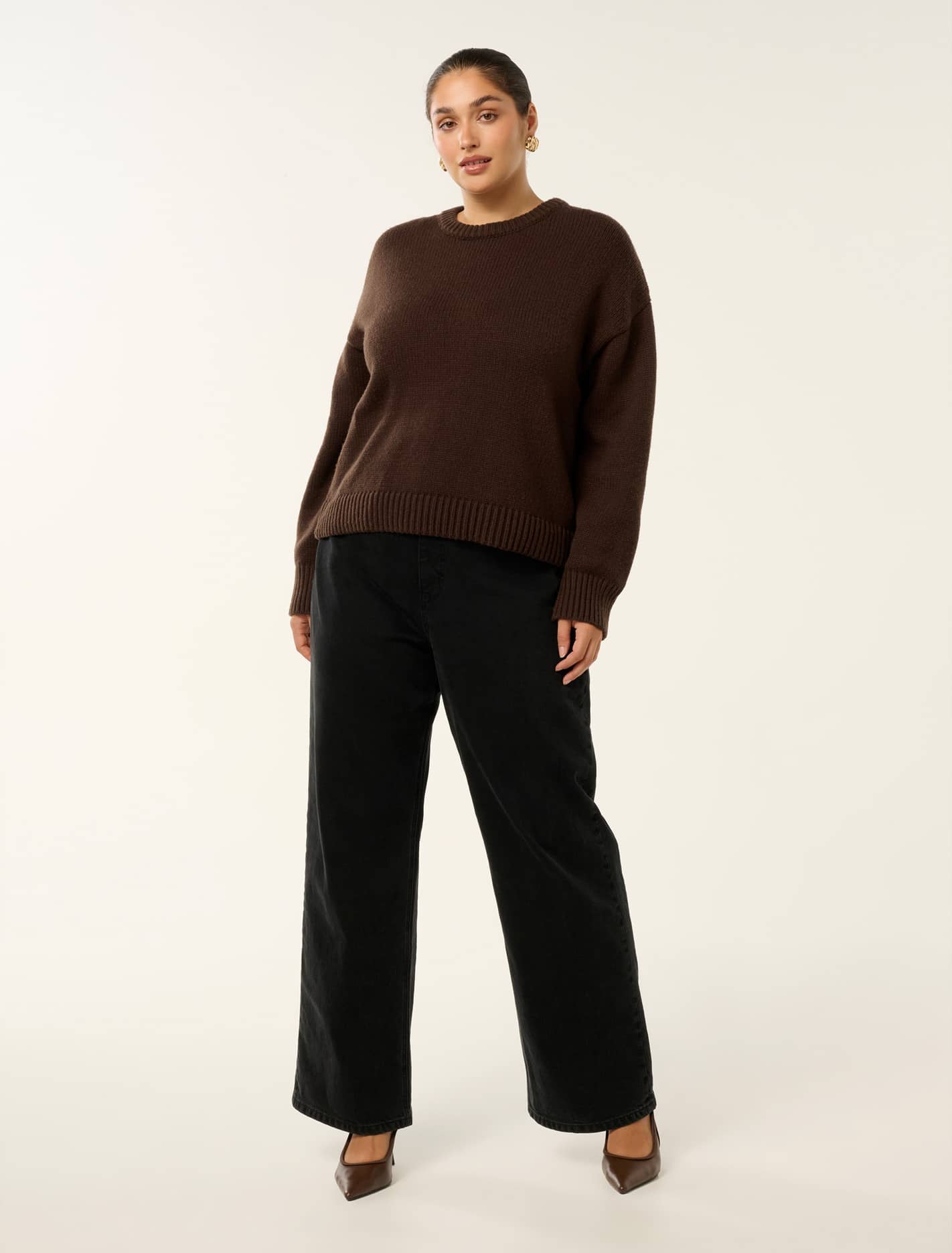 Matilda Curve Knit Crew Neck Sweater Shadow Brown