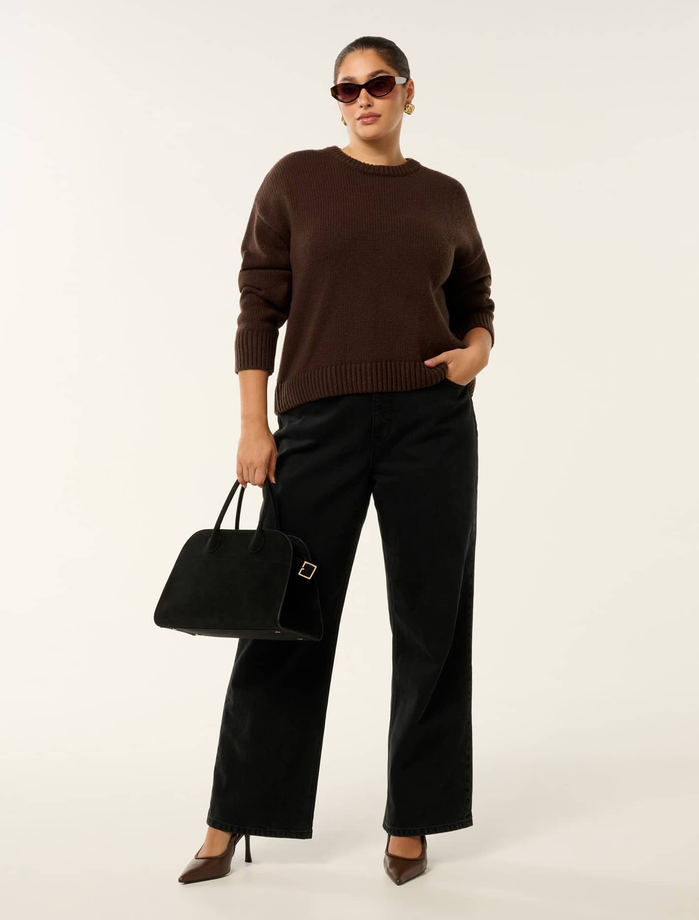 Matilda Curve Knit Crew Neck Sweater Shadow Brown