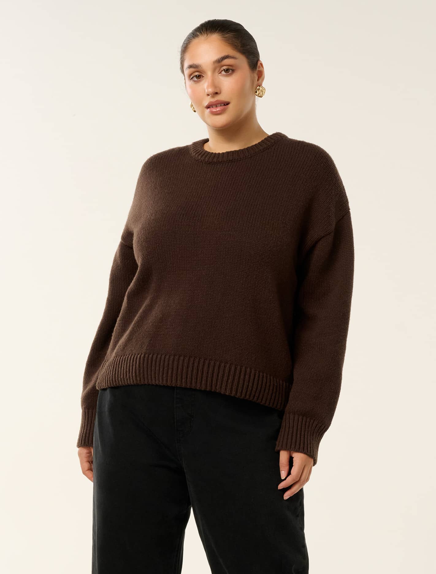Matilda Curve Knit Crew Neck Sweater Shadow Brown