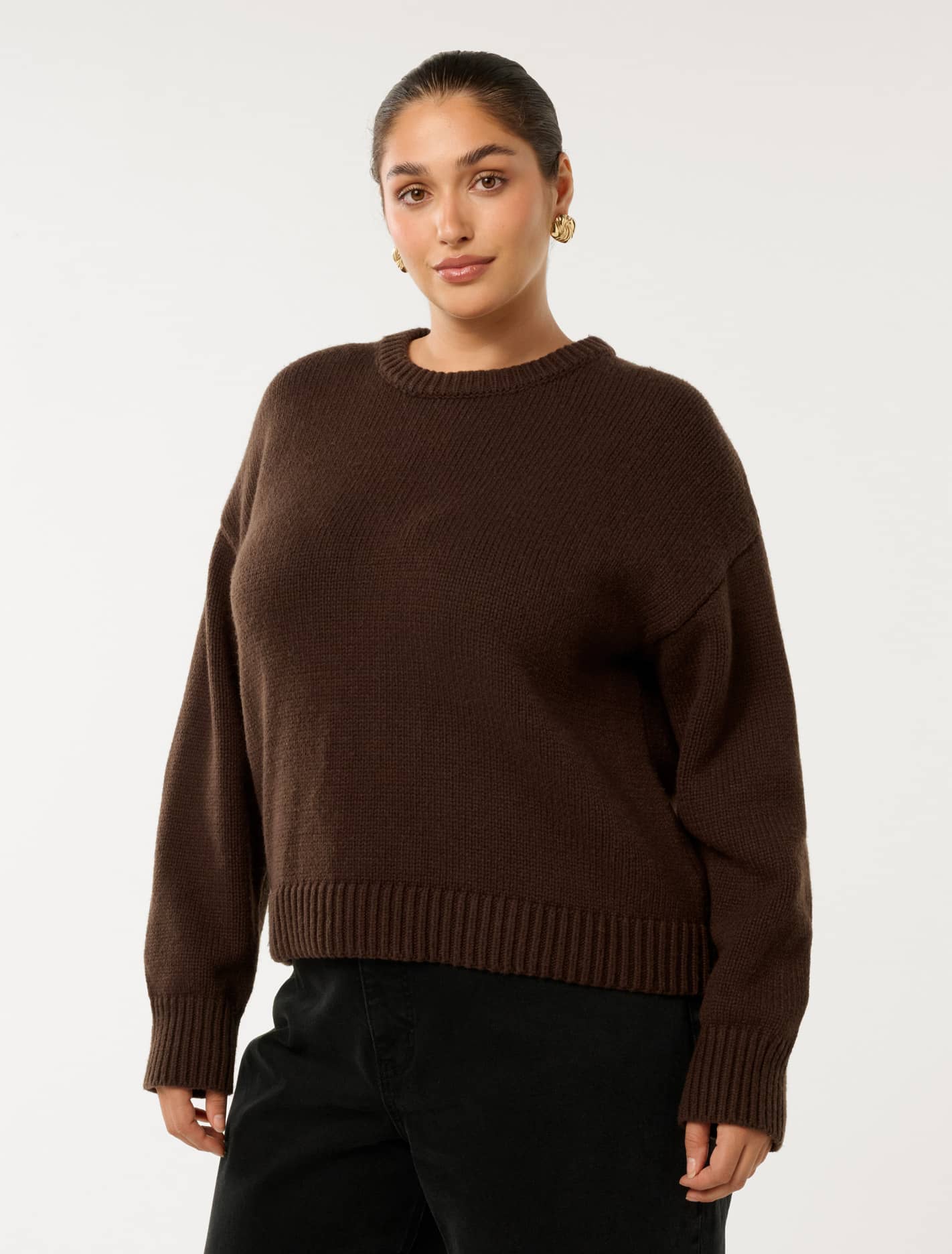 Matilda Curve Knit Crew Neck Sweater Shadow Brown