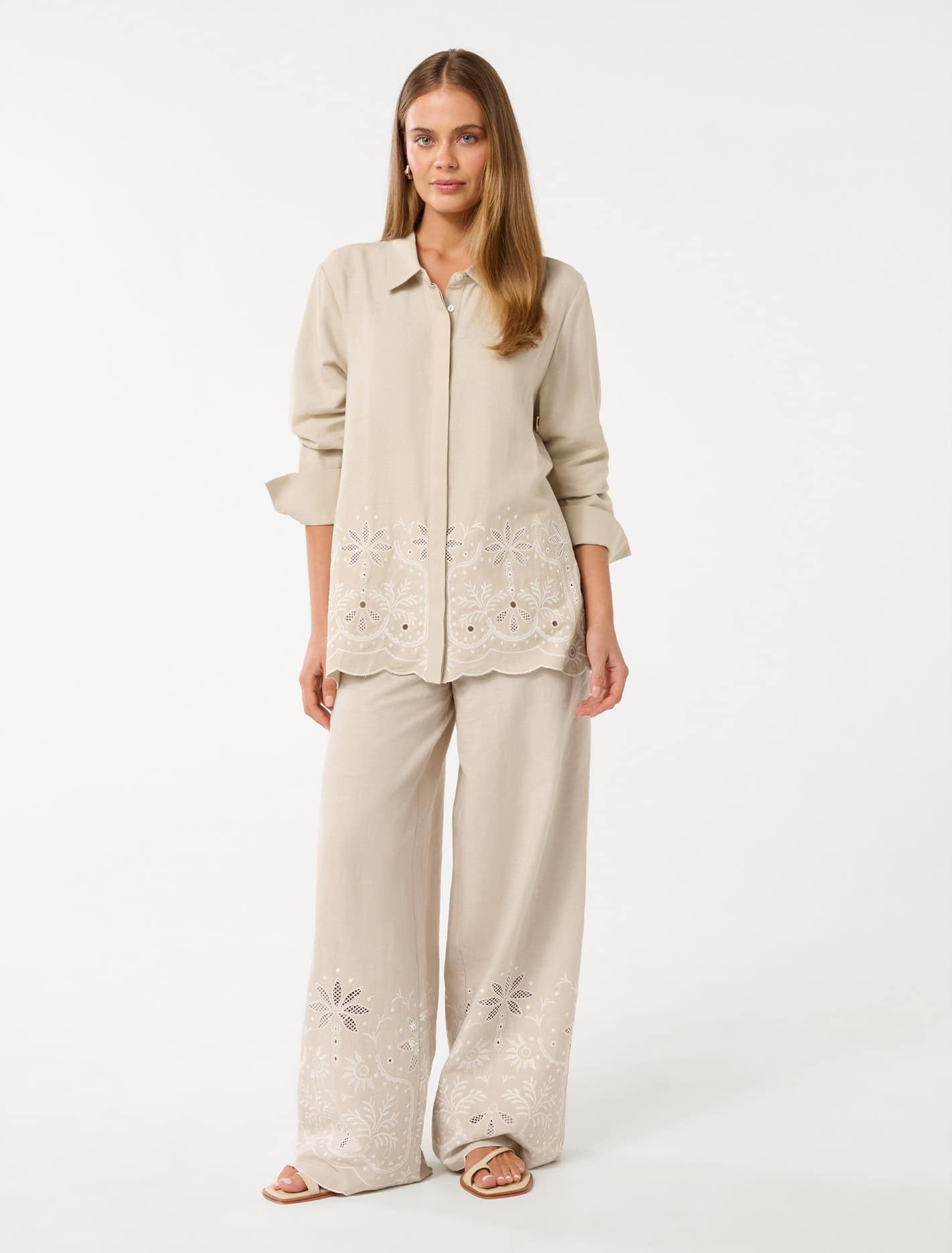 April Embroidered Shirt Tan Palmette Co-ord