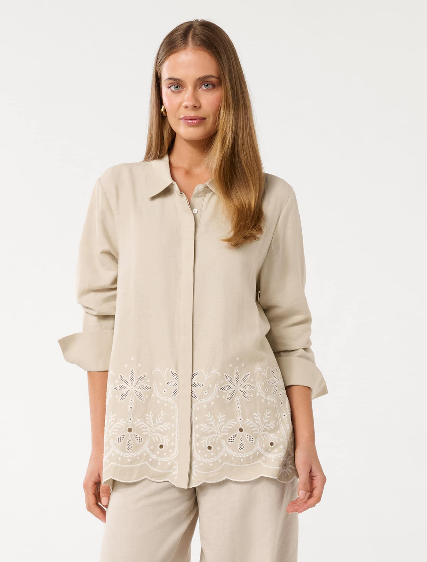 April Embroidered Shirt Tan Palmette Co-ord