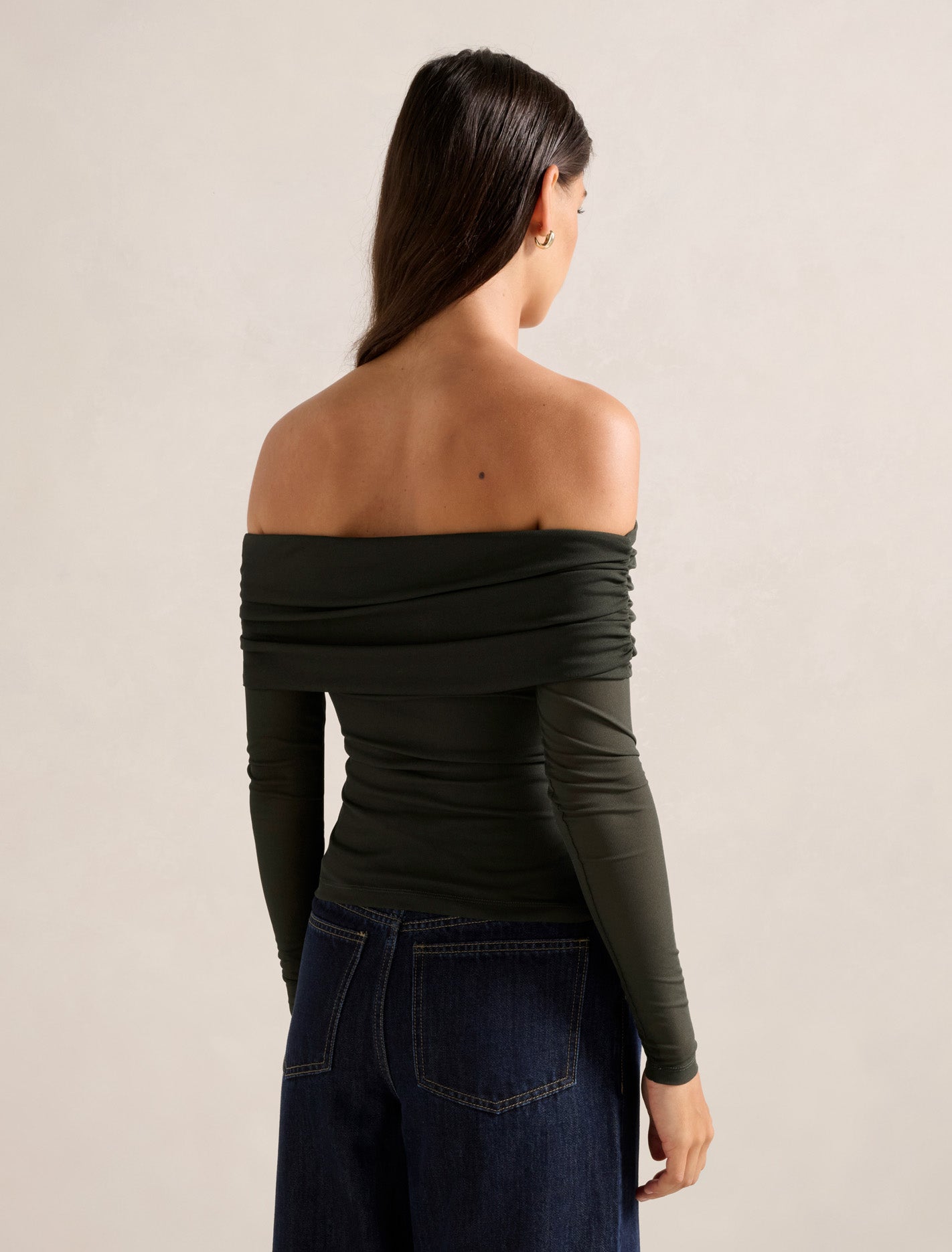 Kaia Ruched Mesh Bardot Top Dark Green
