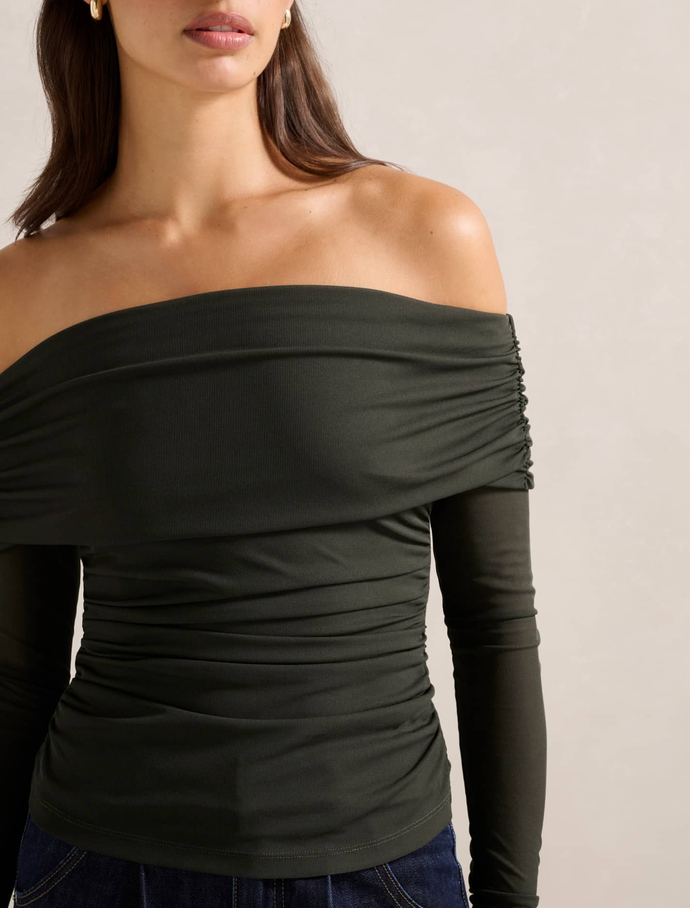 Kaia Ruched Mesh Bardot Top Dark Green