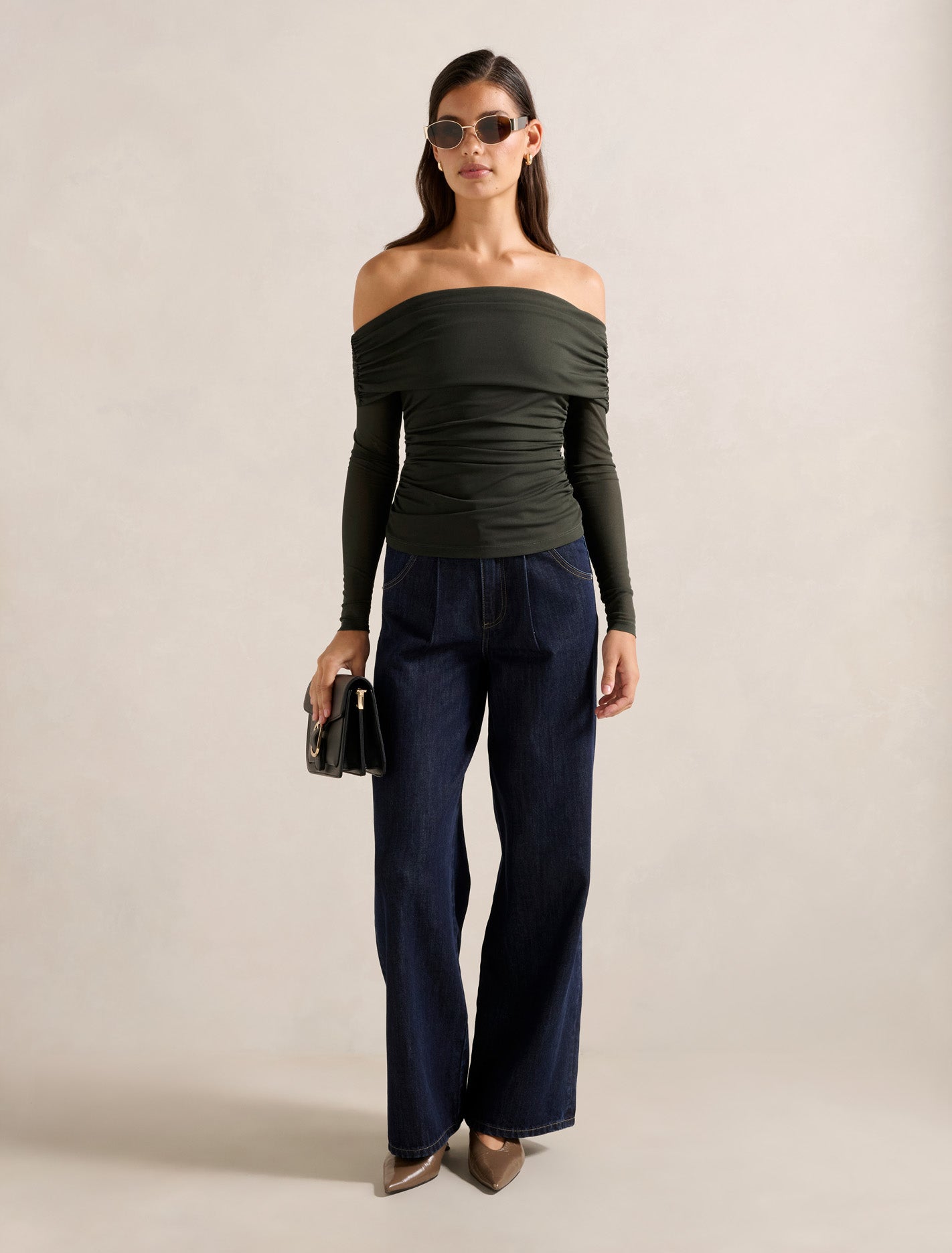 Kaia Ruched Mesh Bardot Top Dark Green