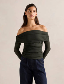 Kaia Ruched Mesh Bardot Top Dark Green