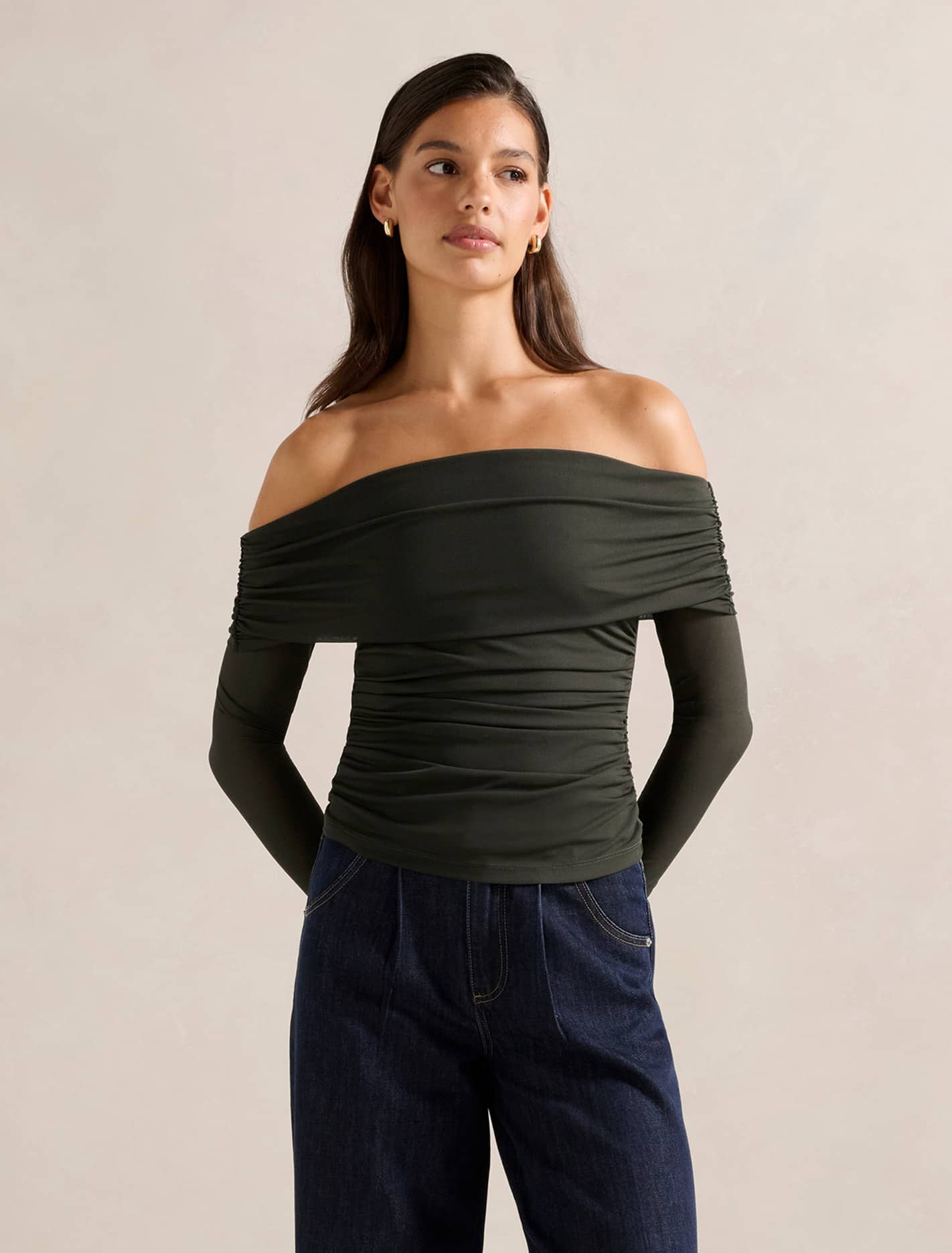 Kaia Ruched Mesh Bardot Top Dark Green