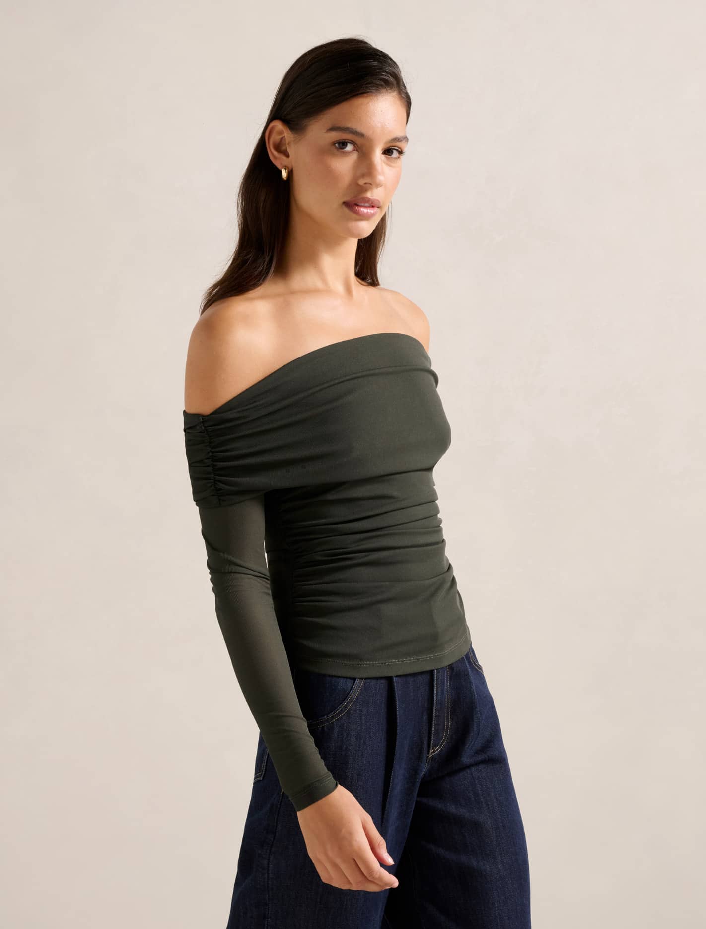 Kaia Ruched Mesh Bardot Top Dark Green