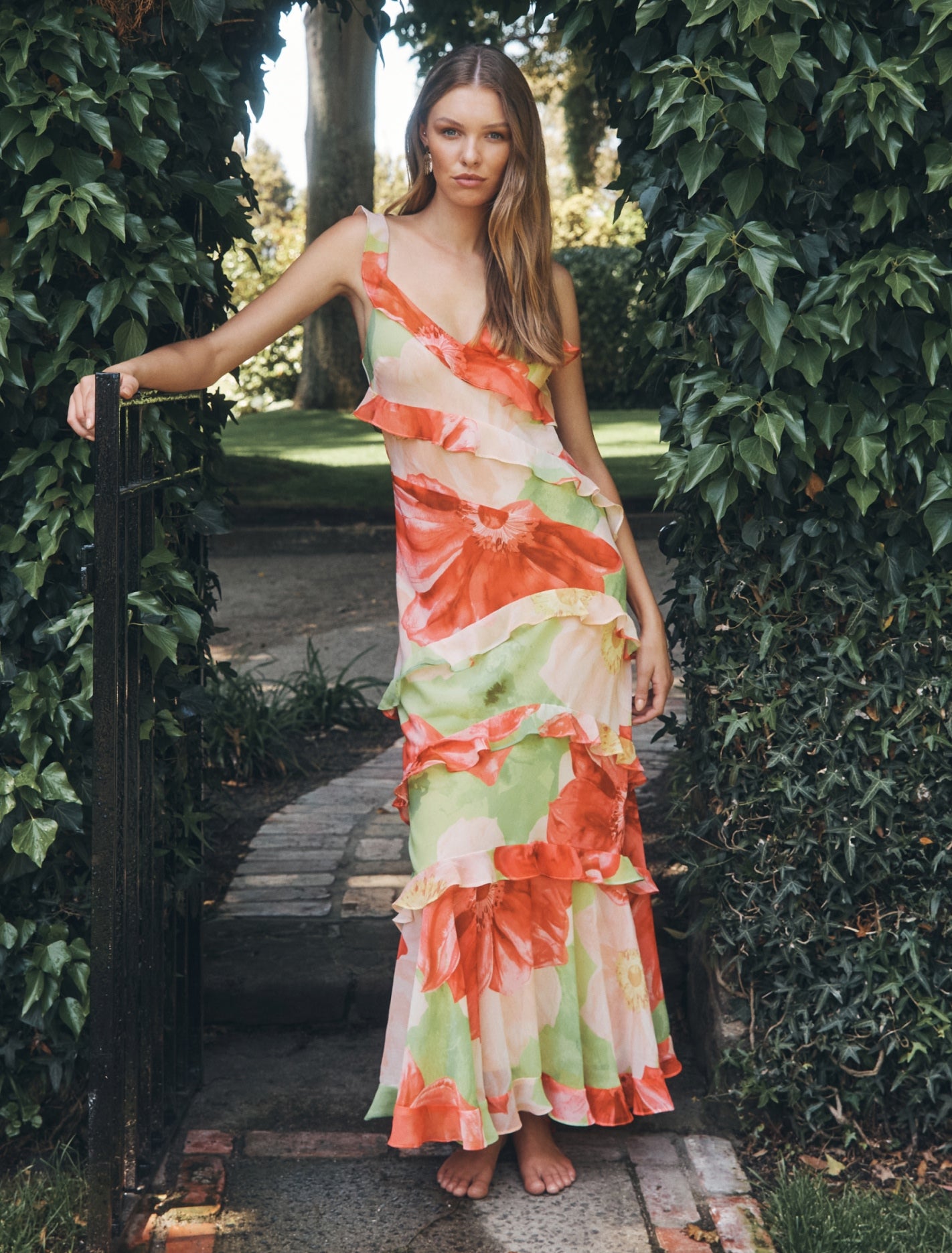 Isla Ruffle Maxi Dress Lime Amara Floral
