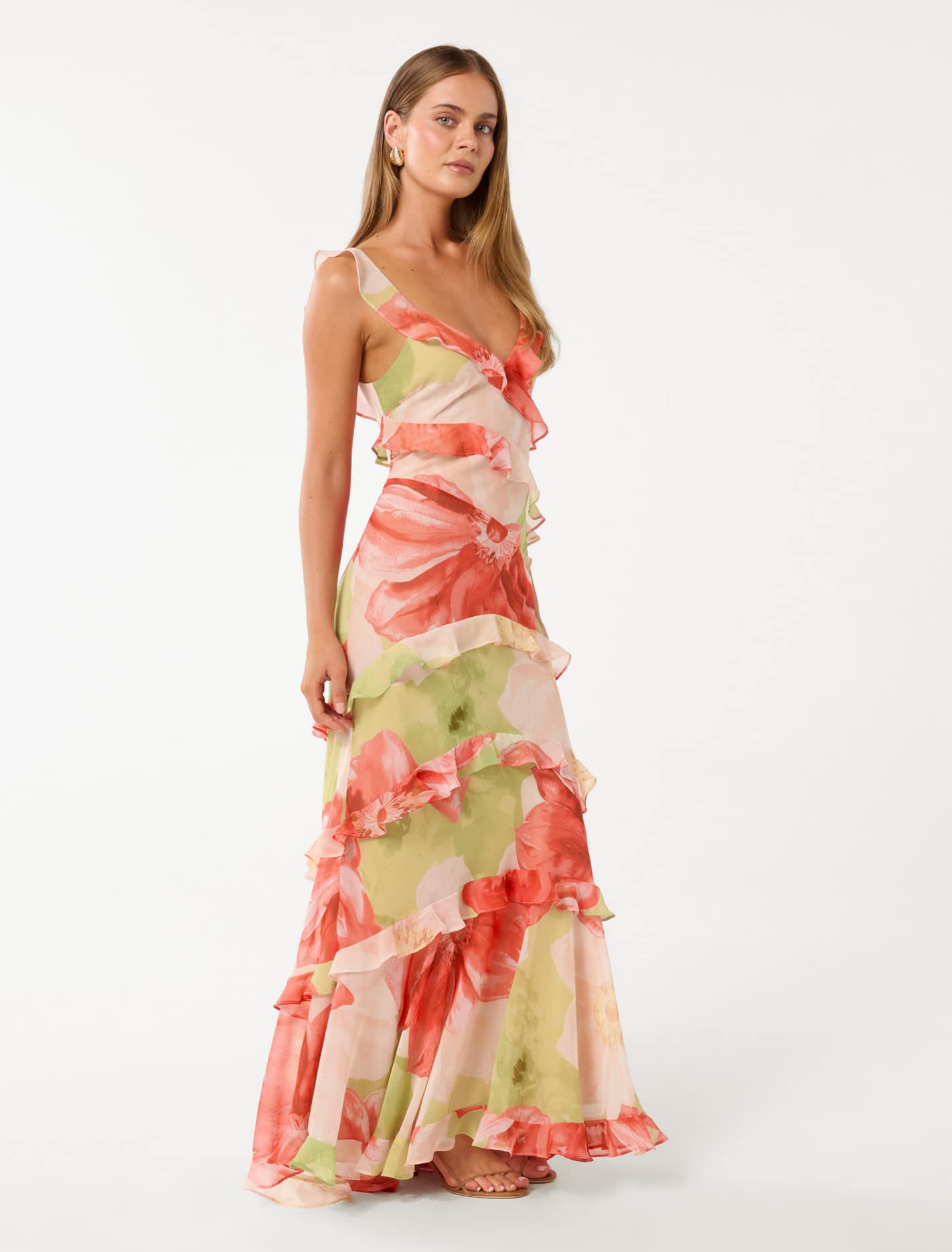 Isla Ruffle Maxi Dress Lime Amara Floral