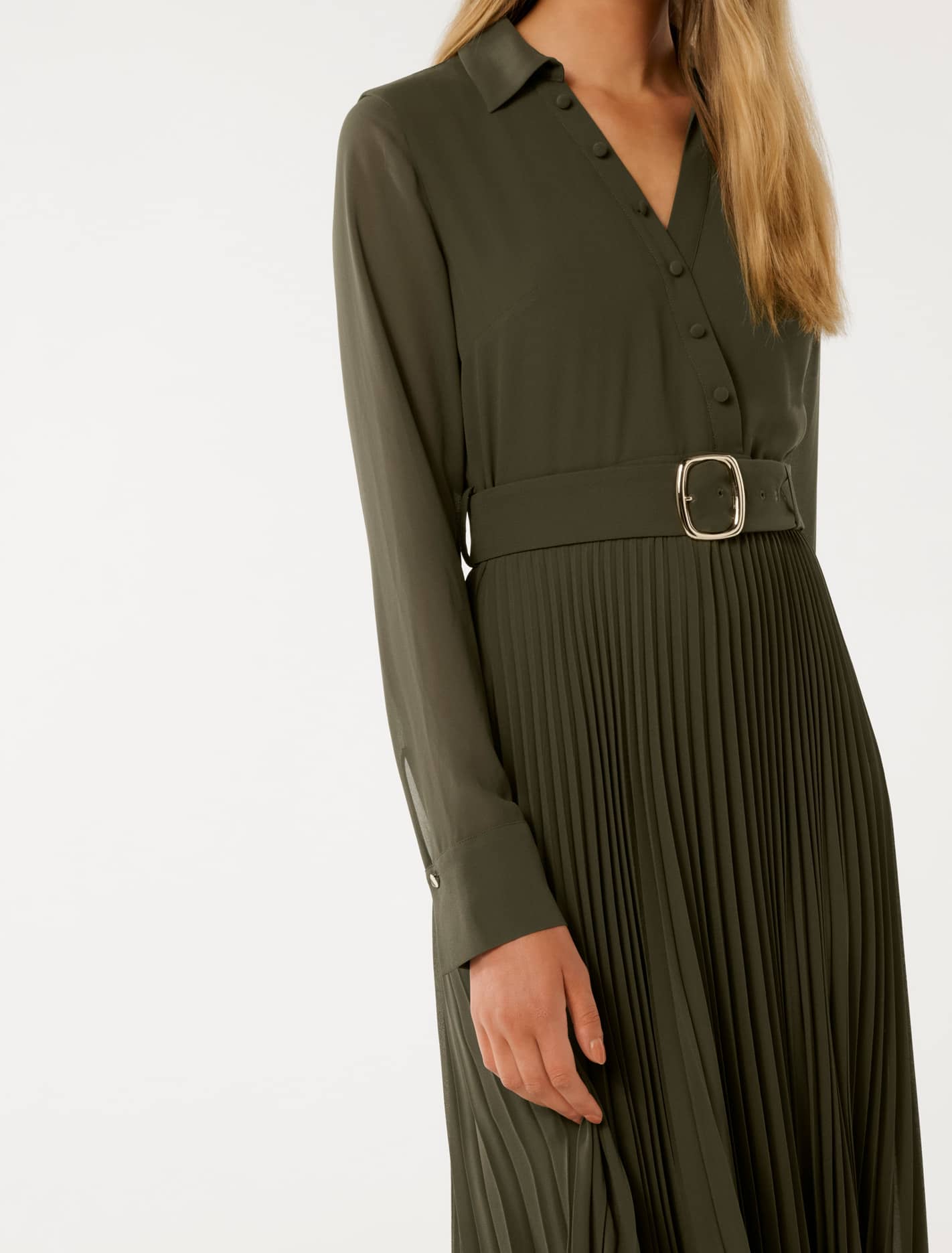 Theresa Wrap Pleat Midi Dress Khaki