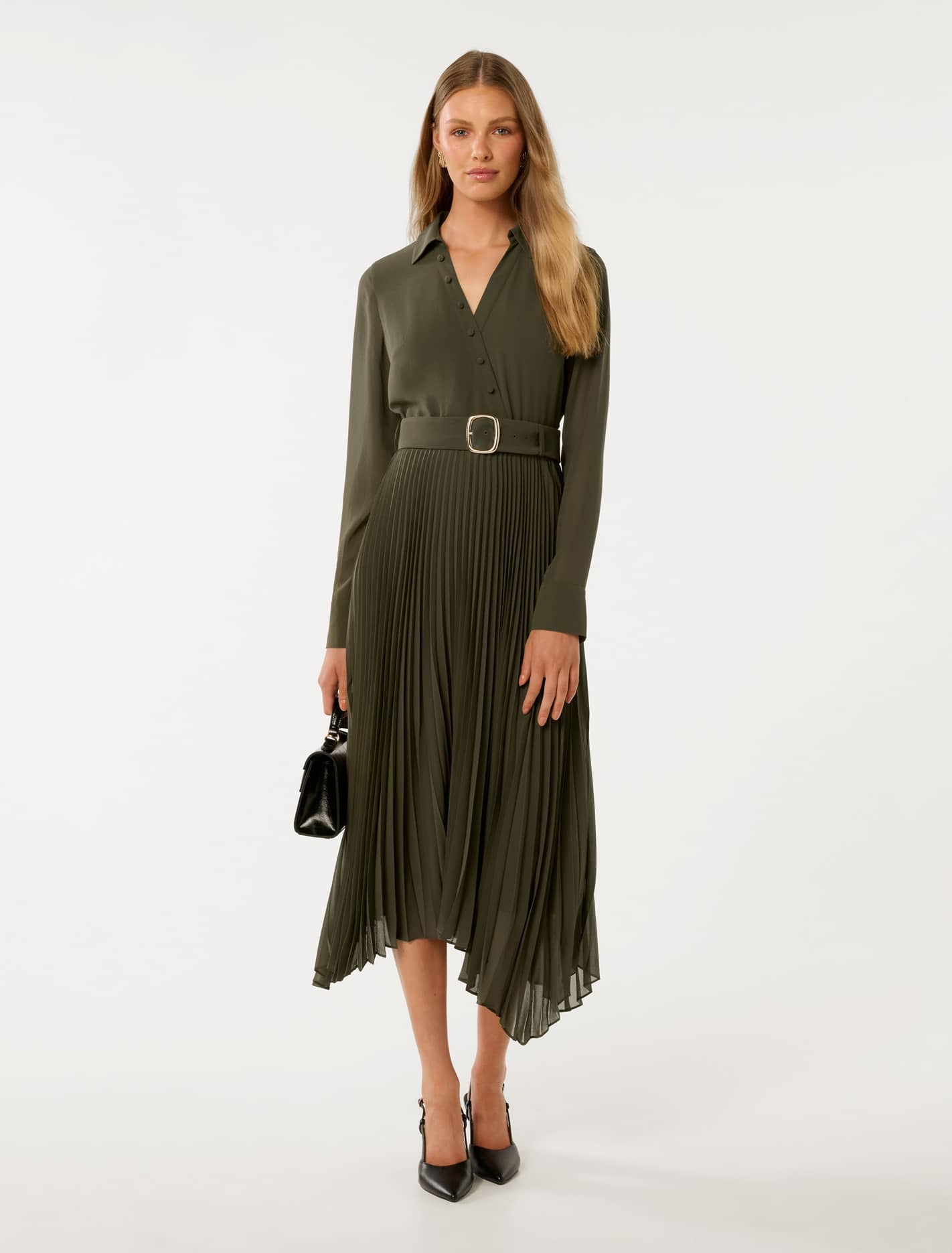 Theresa Wrap Pleat Midi Dress Khaki