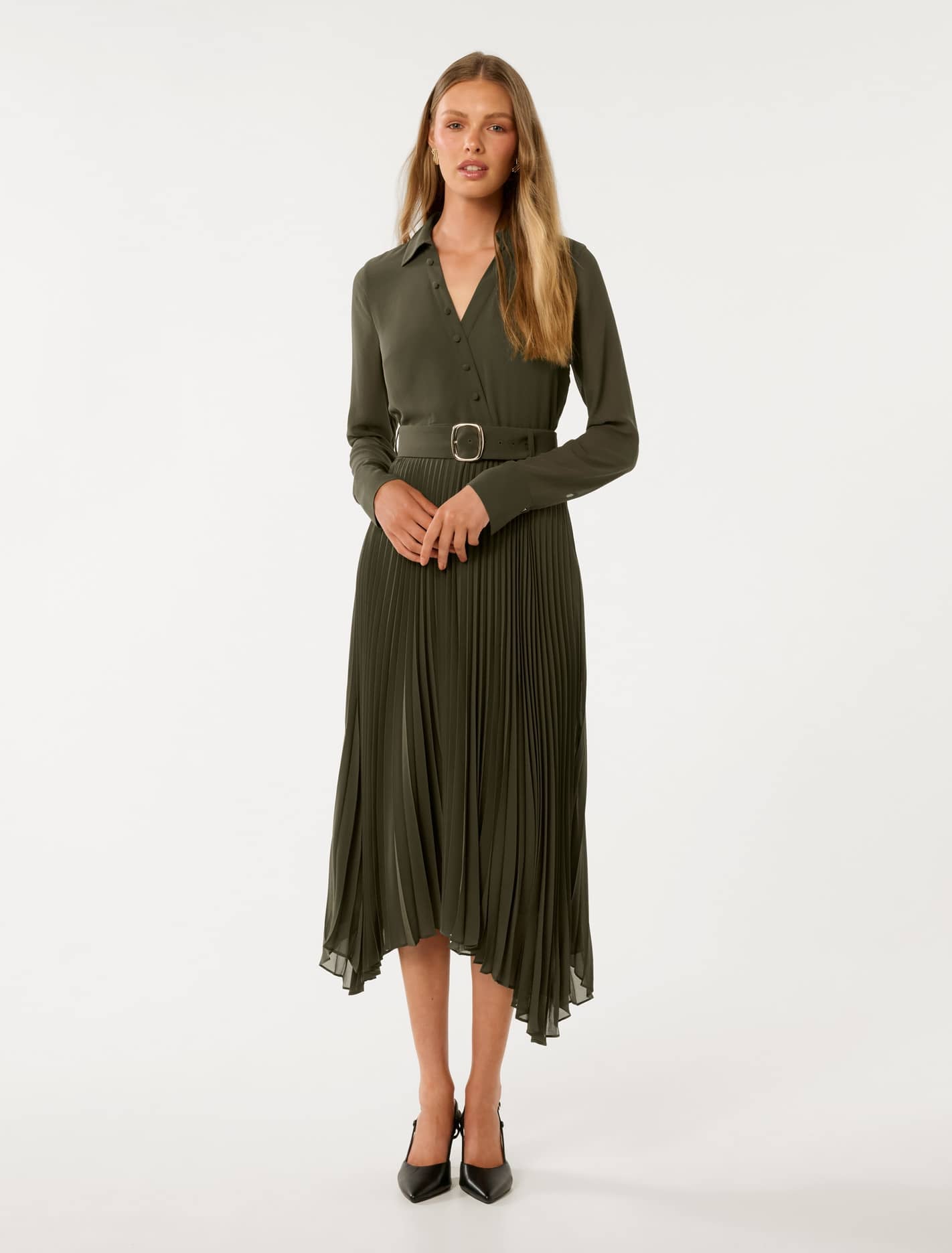 Theresa Wrap Pleat Midi Dress Khaki