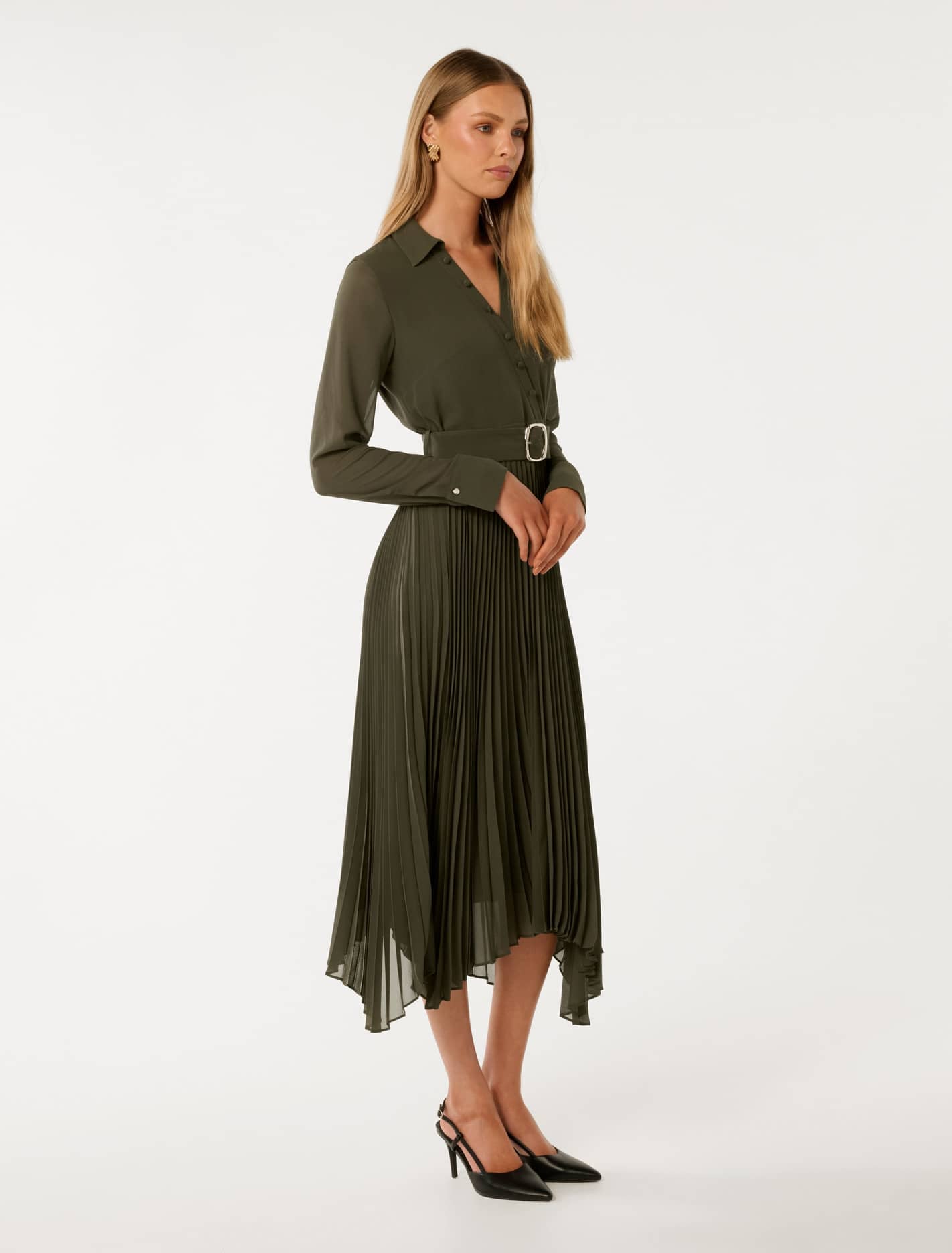 Theresa Wrap Pleat Midi Dress Khaki