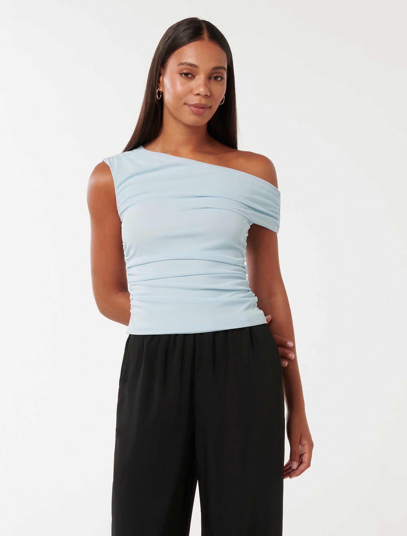 Luna Tipped Shoulder Mesh Top Subdued Blue