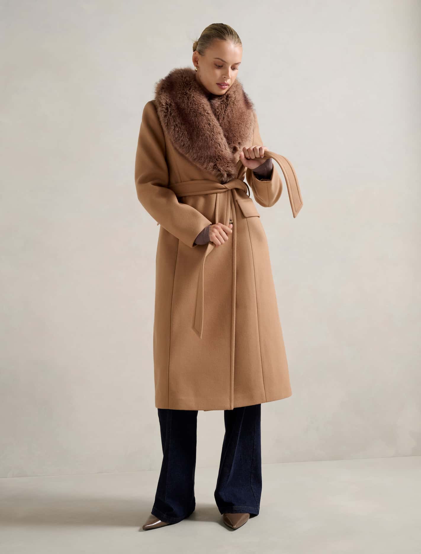 Chelsea Double Breasted Fur Collar Coat Mid Camel
