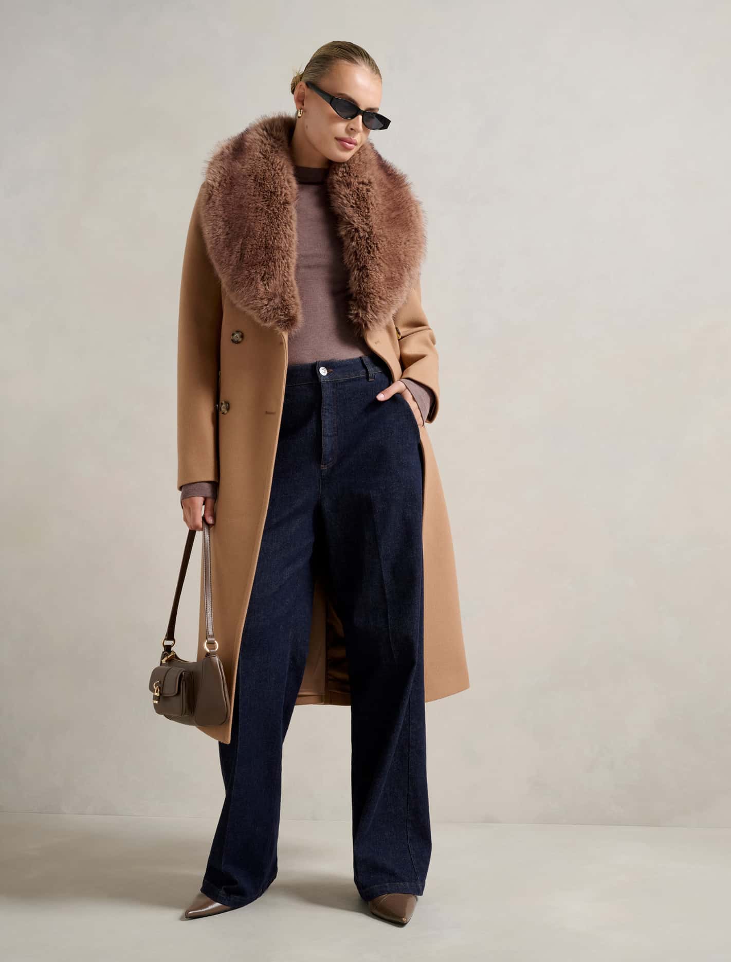 Chelsea Double Breasted Fur Collar Coat Mid Camel