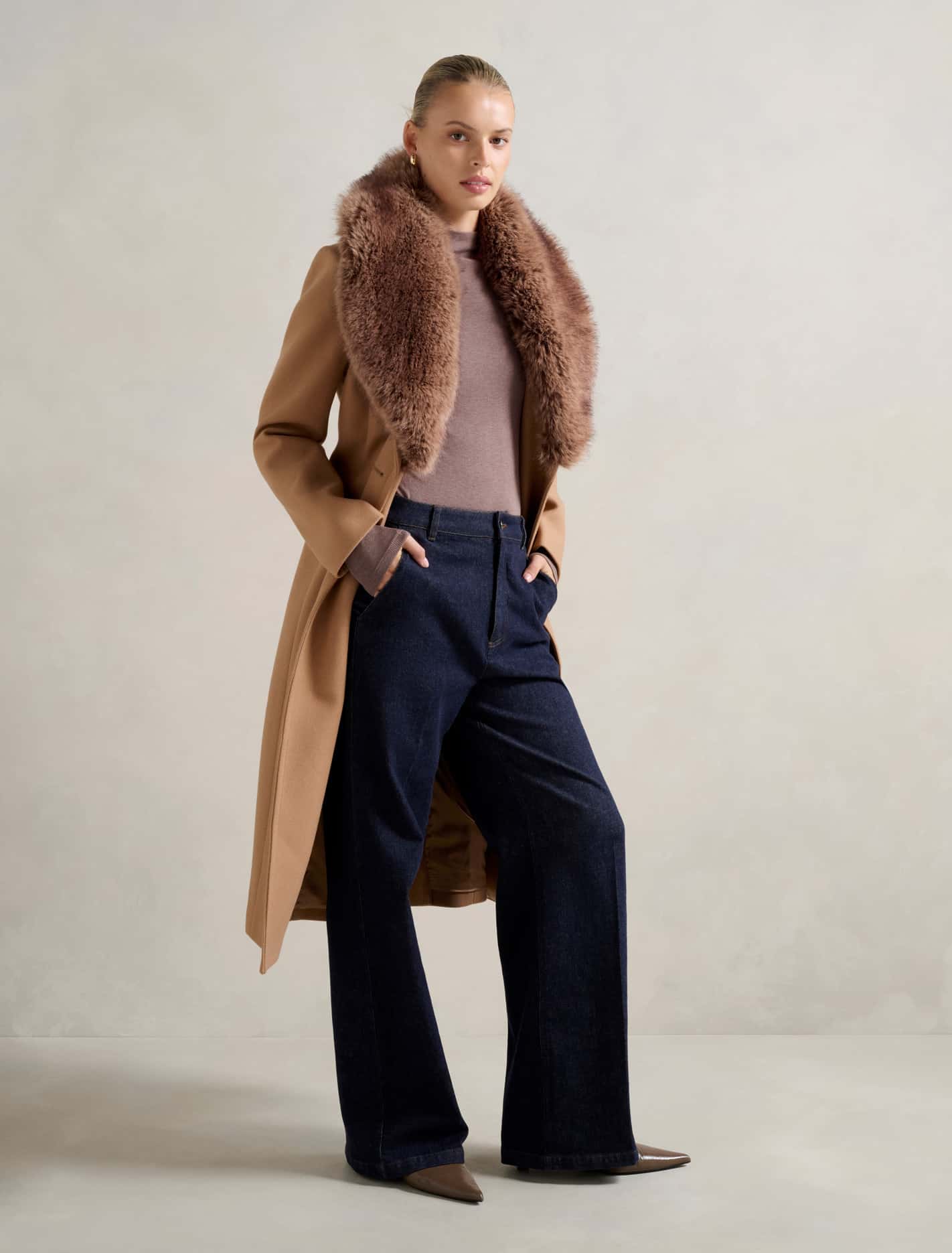 Chelsea Double Breasted Fur Collar Coat Mid Camel