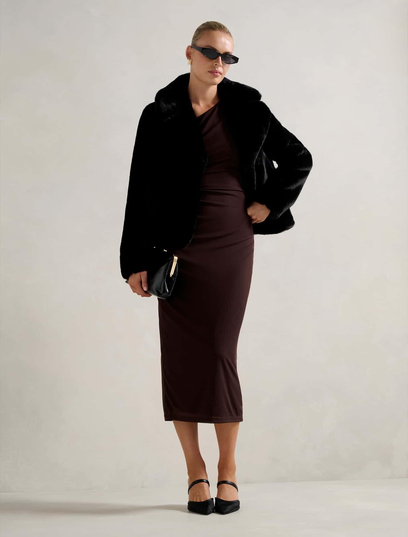 Anara Panelled Faux Fur Coat Black