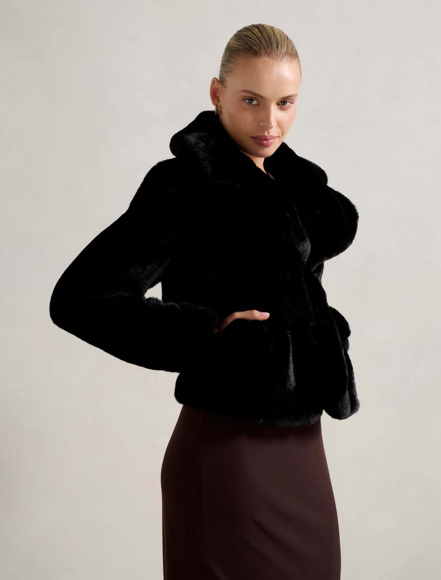 Anara Panelled Faux Fur Coat Black