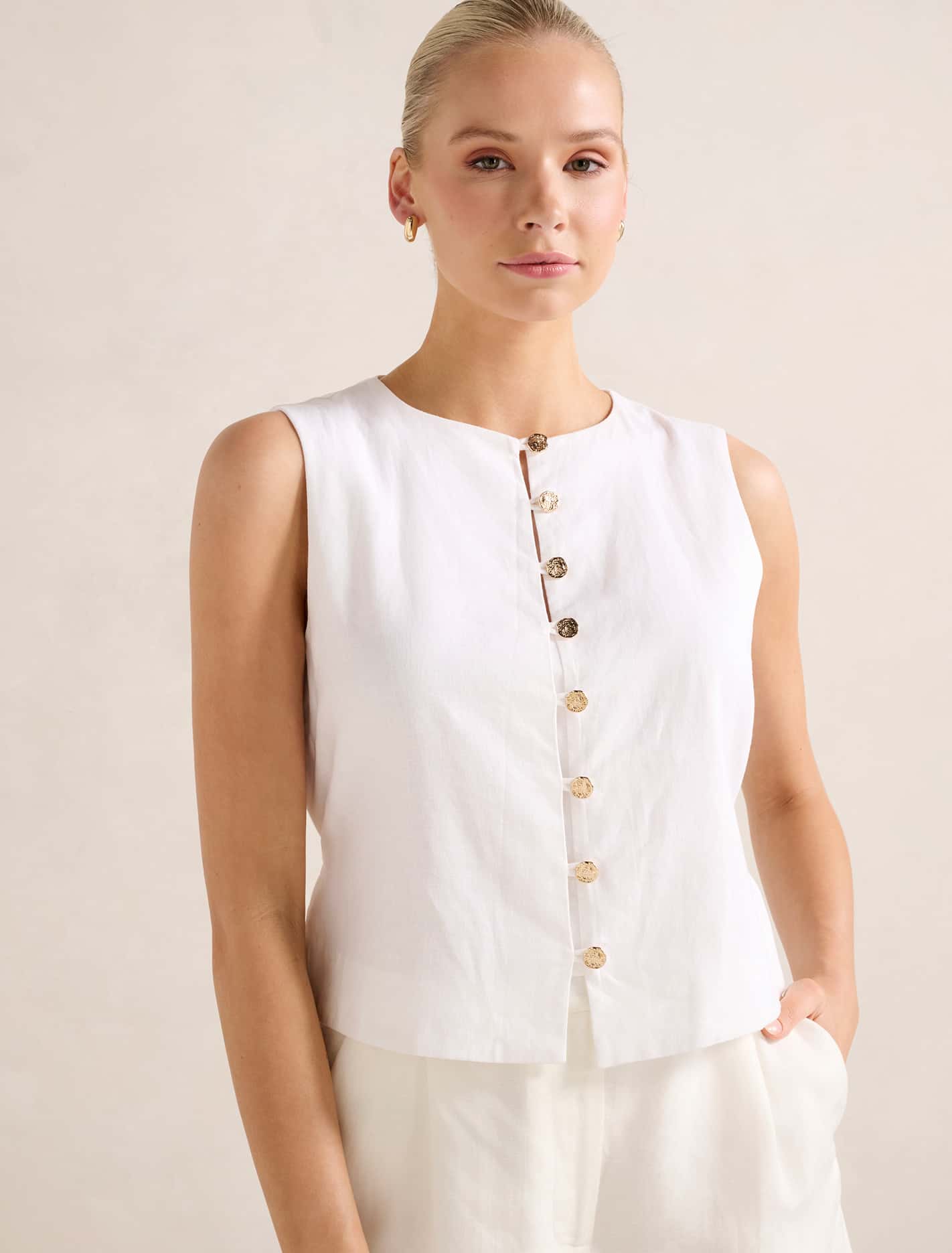 Immy Linen Vest Porcelain