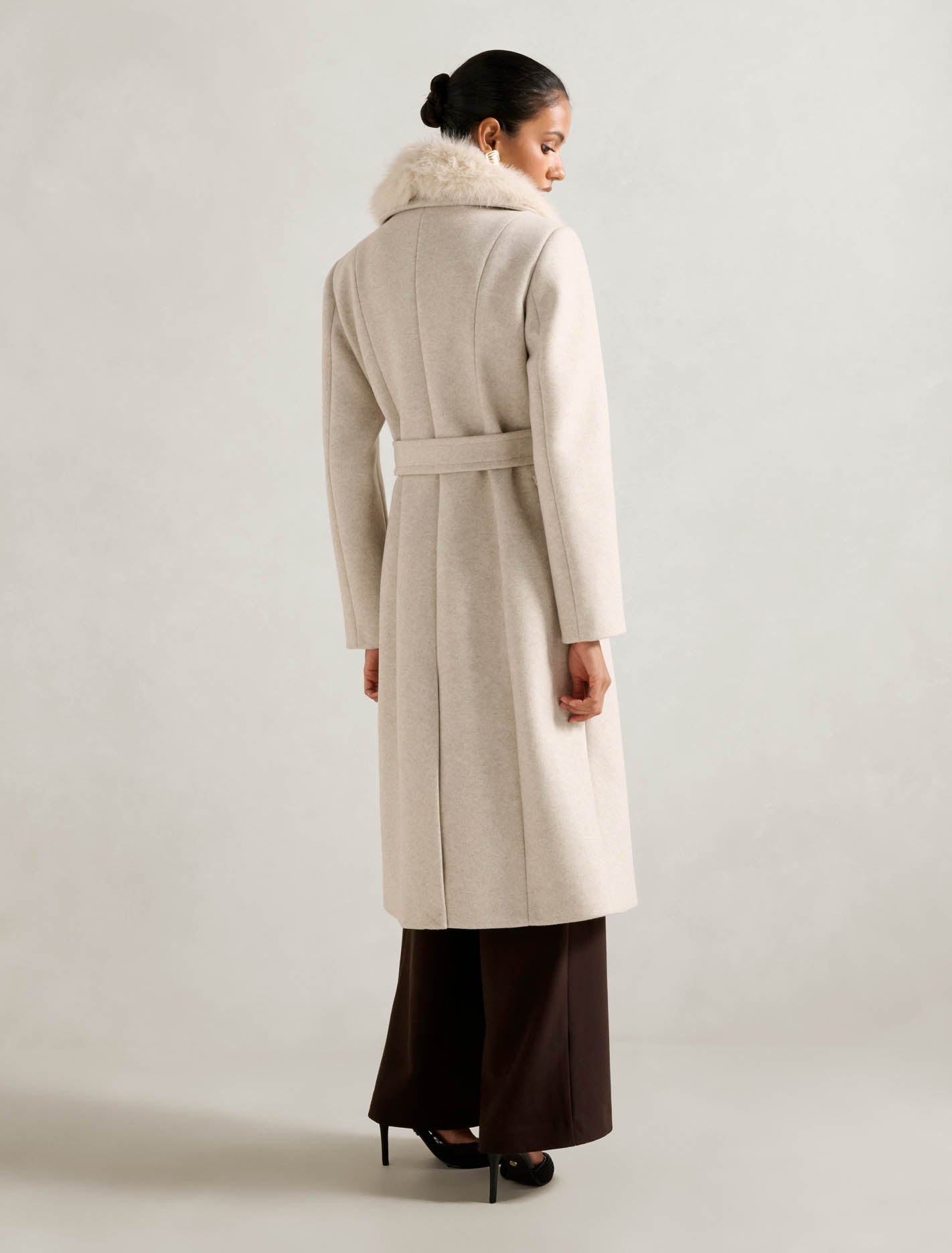 Chelsea Petite Double-Breasted Faux Fur Collar Coat Oatmeal Marle