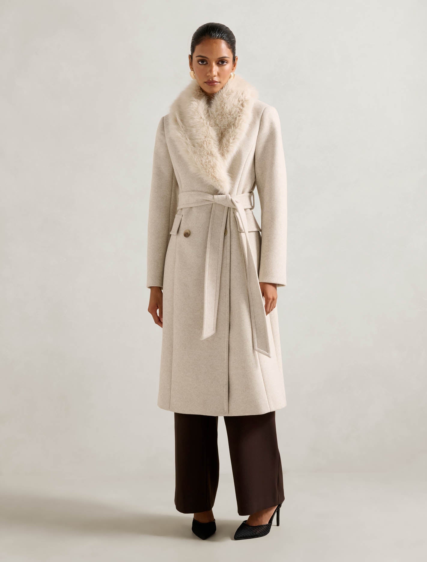 Chelsea Petite Double-Breasted Faux Fur Collar Coat Oatmeal Marle
