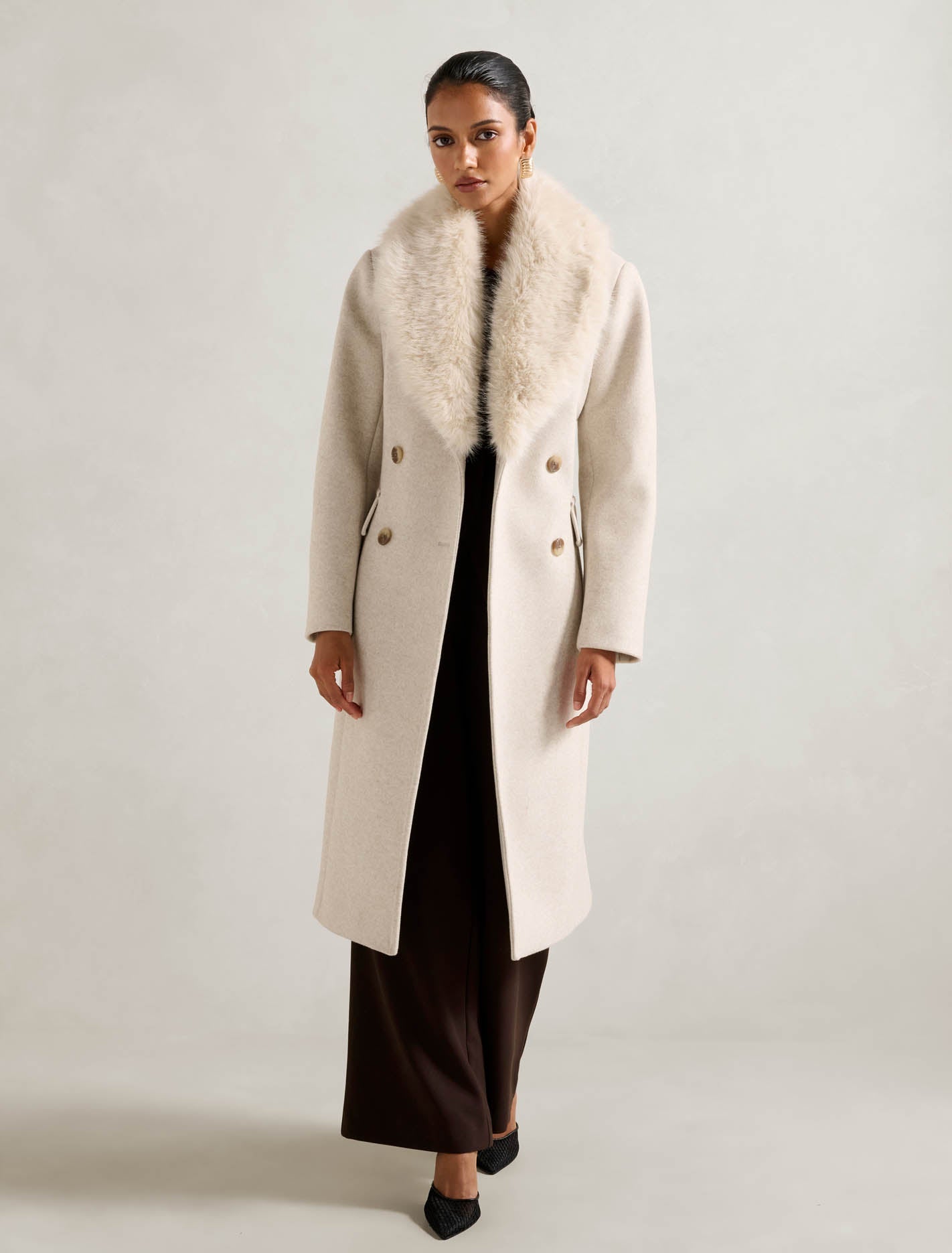 Chelsea Petite Double-Breasted Faux Fur Collar Coat Oatmeal Marle