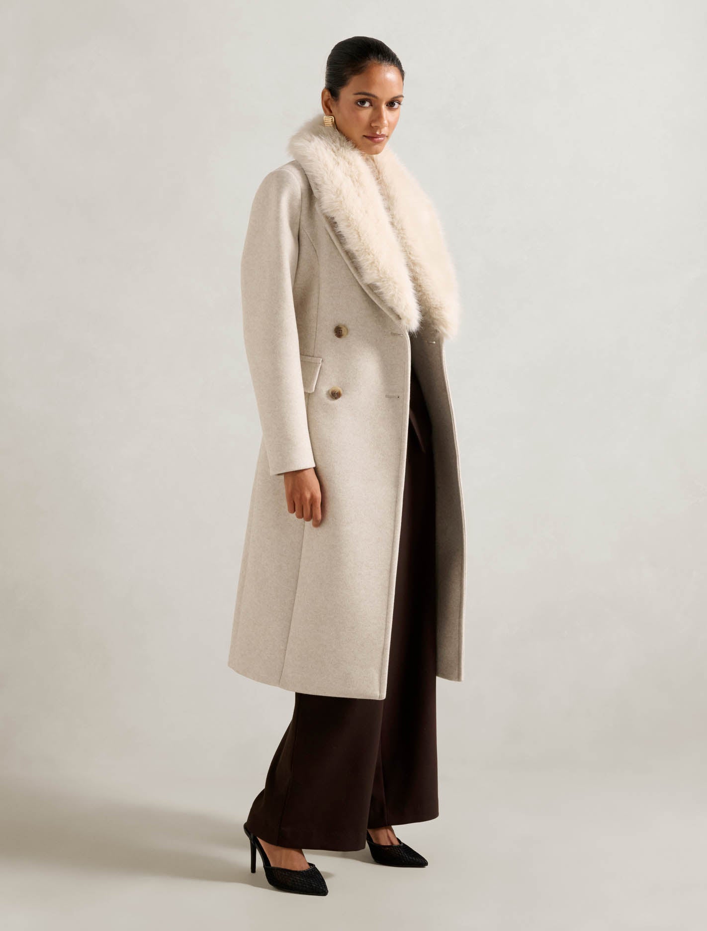 Chelsea Petite Double-Breasted Faux Fur Collar Coat Oatmeal Marle
