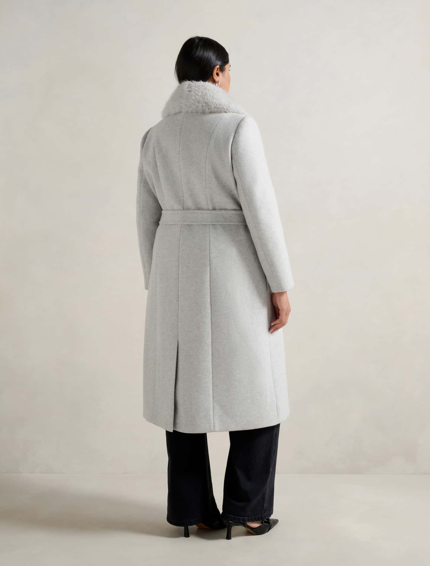 Chelsea Curve Double-Breasted Faux Fur Collar Coat Light Grey Marle