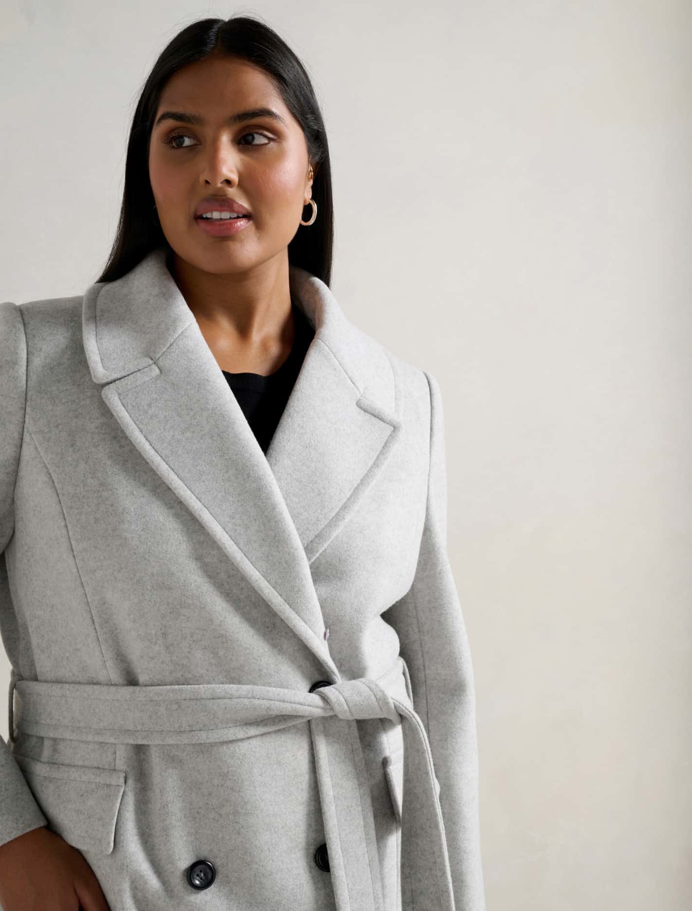 Chelsea Curve Double-Breasted Faux Fur Collar Coat Light Grey Marle