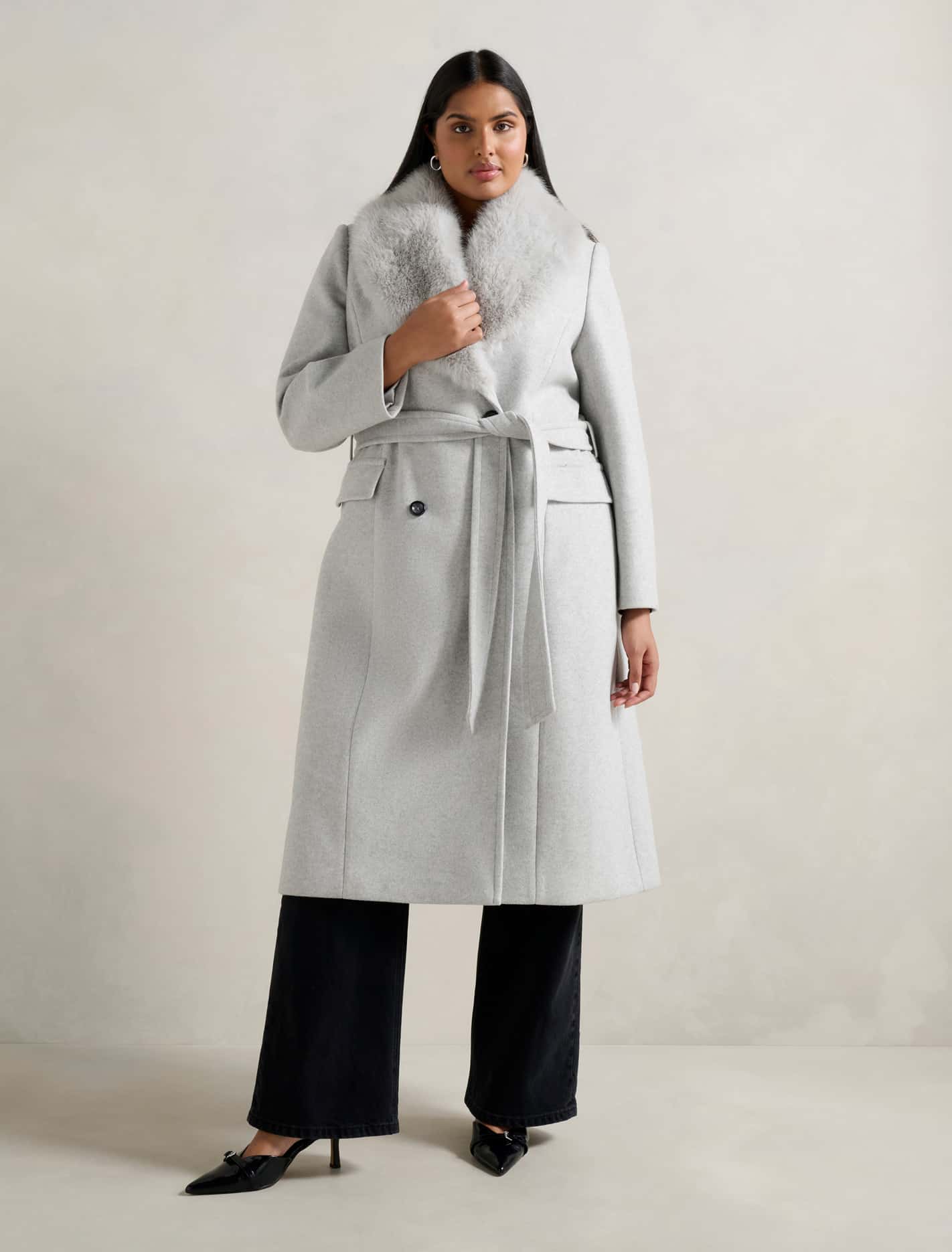Chelsea Curve Double-Breasted Faux Fur Collar Coat Light Grey Marle
