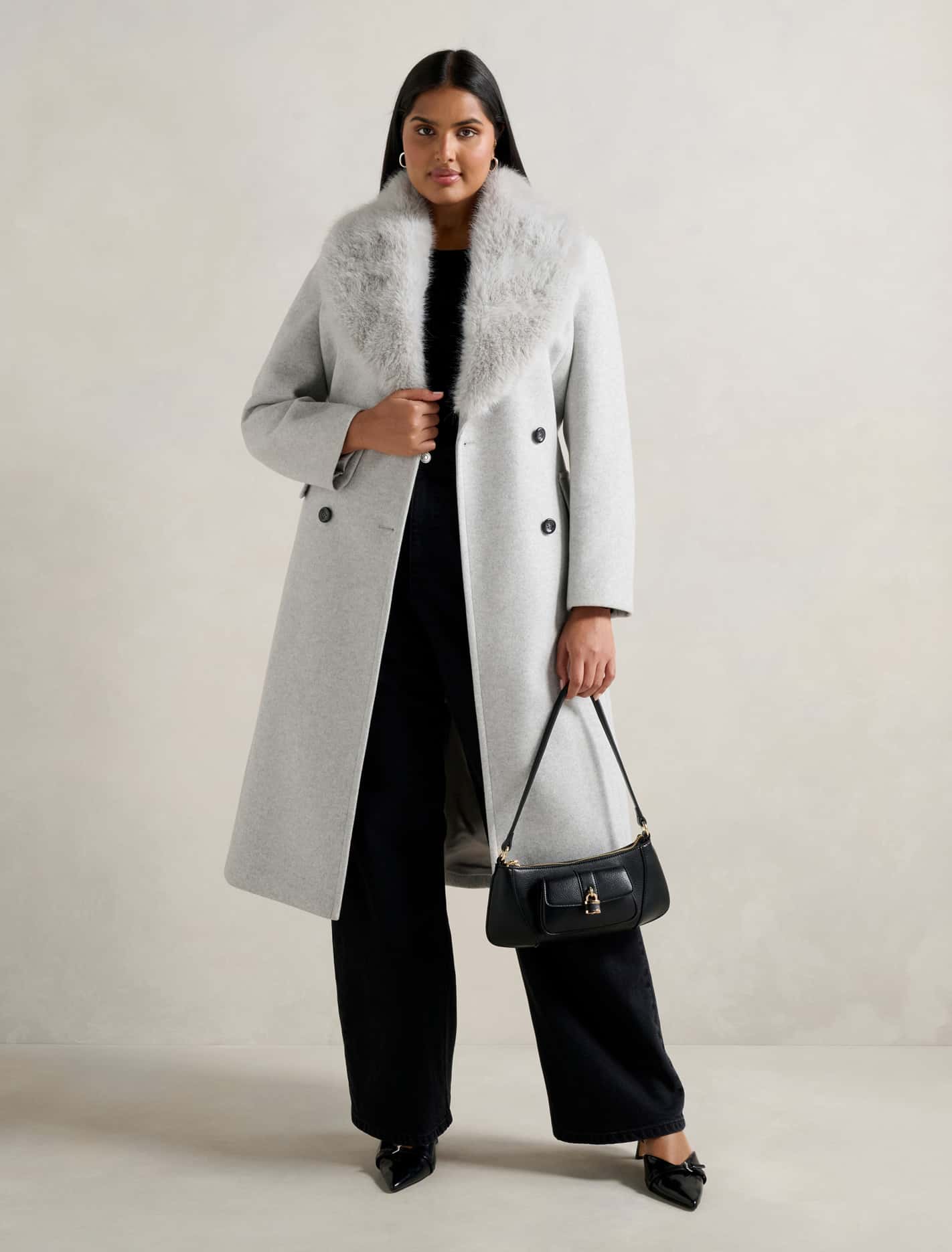 Chelsea Curve Double-Breasted Faux Fur Collar Coat Light Grey Marle