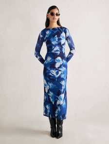 Alannah Mesh Long Sleeve Midi Dress Blue Odella Floral