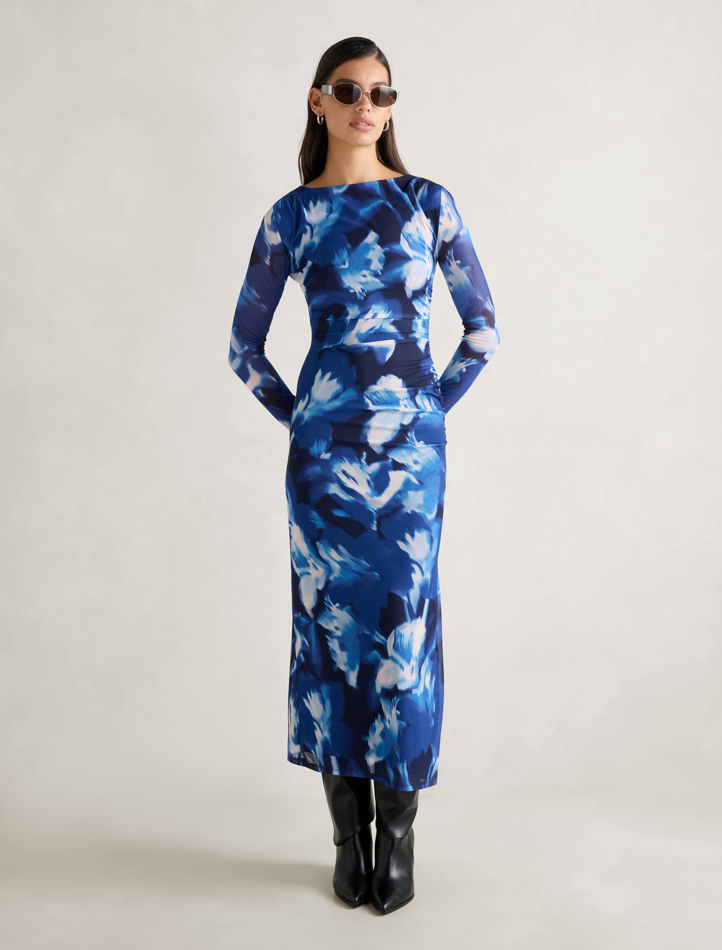Alannah Mesh Long Sleeve Midi Dress Blue Odella Floral