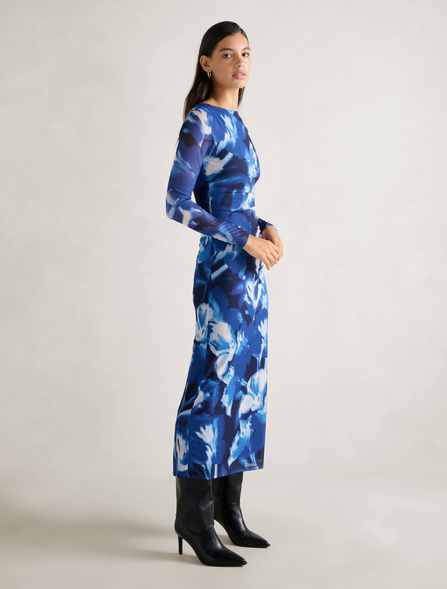 Alannah Mesh Long Sleeve Midi Dress Blue Odella Floral