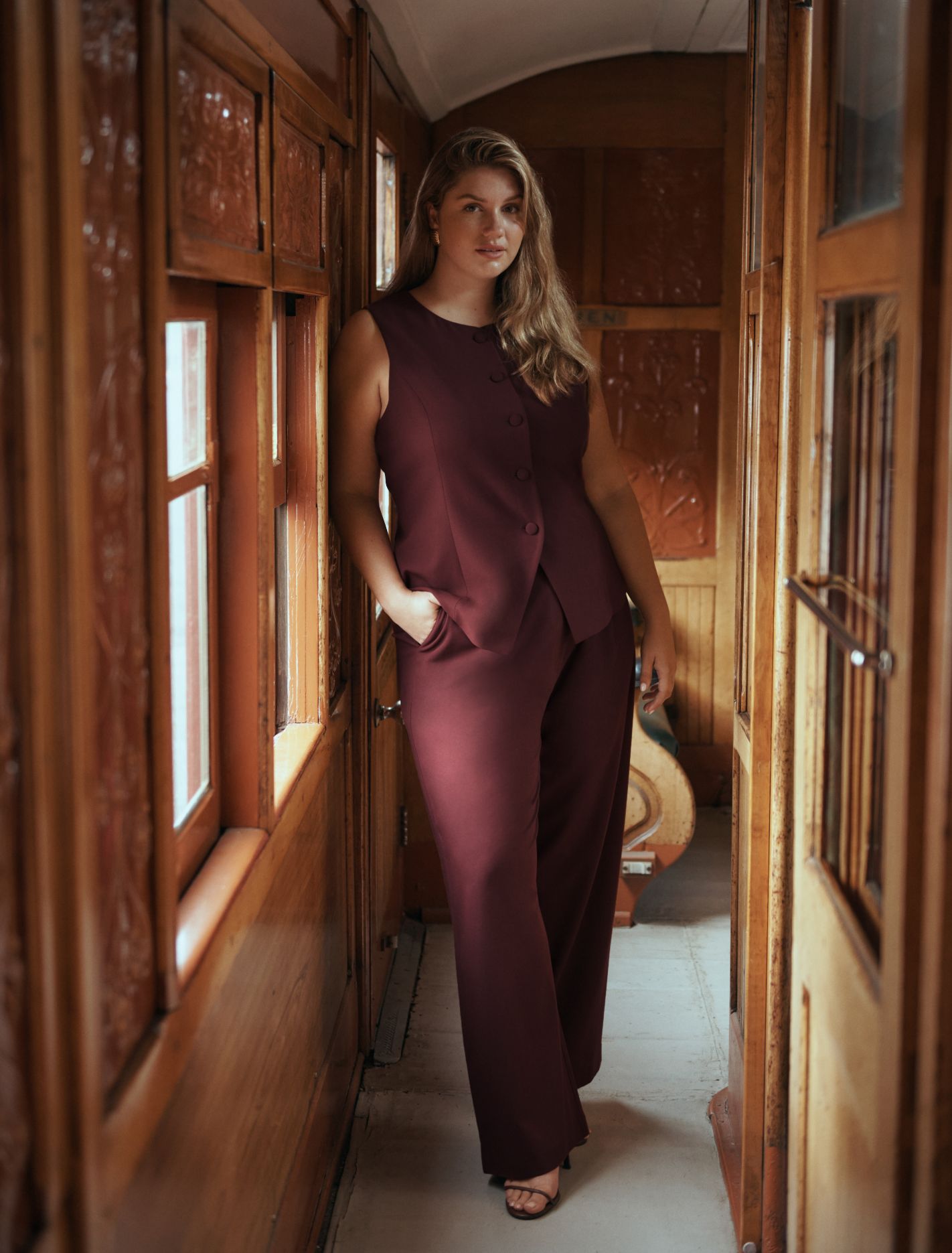 Primrose Curve High Waisted Pants Oxblood Red Suit