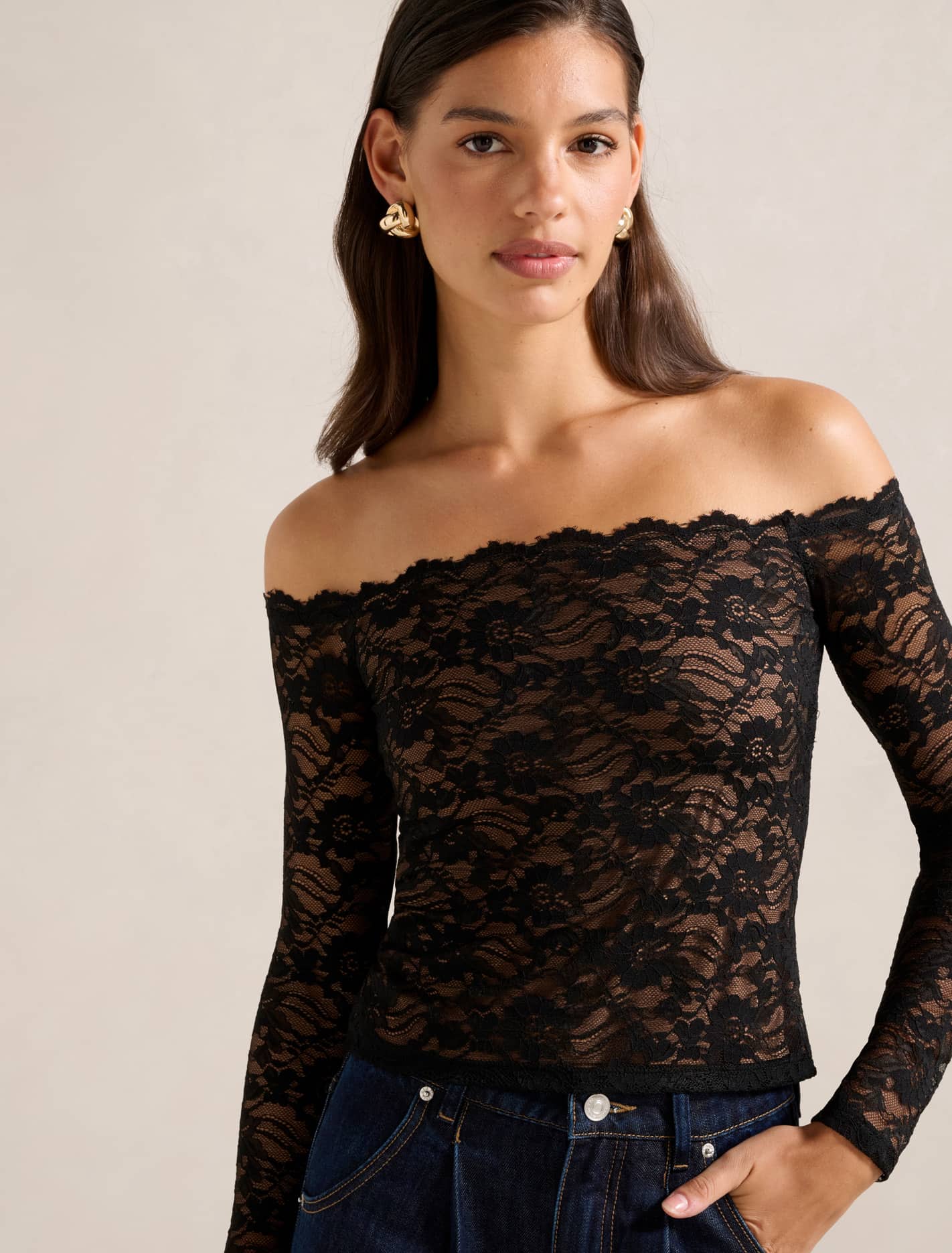 Dylan Lace Bardot Top Black