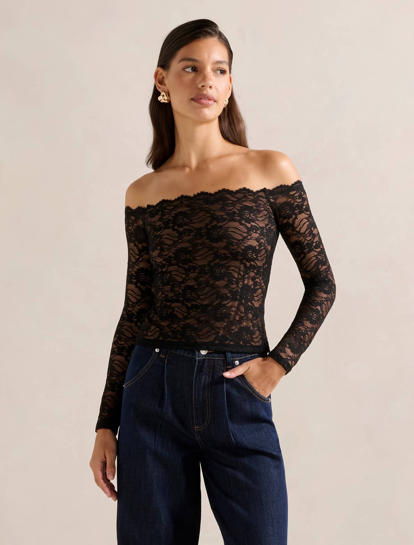 Dylan Lace Bardot Top Black