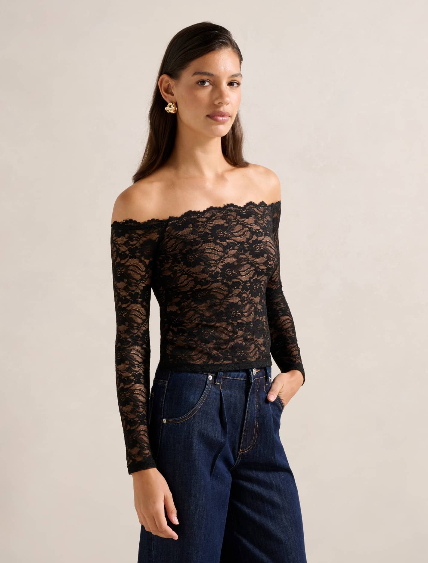 Dylan Lace Bardot Top Black