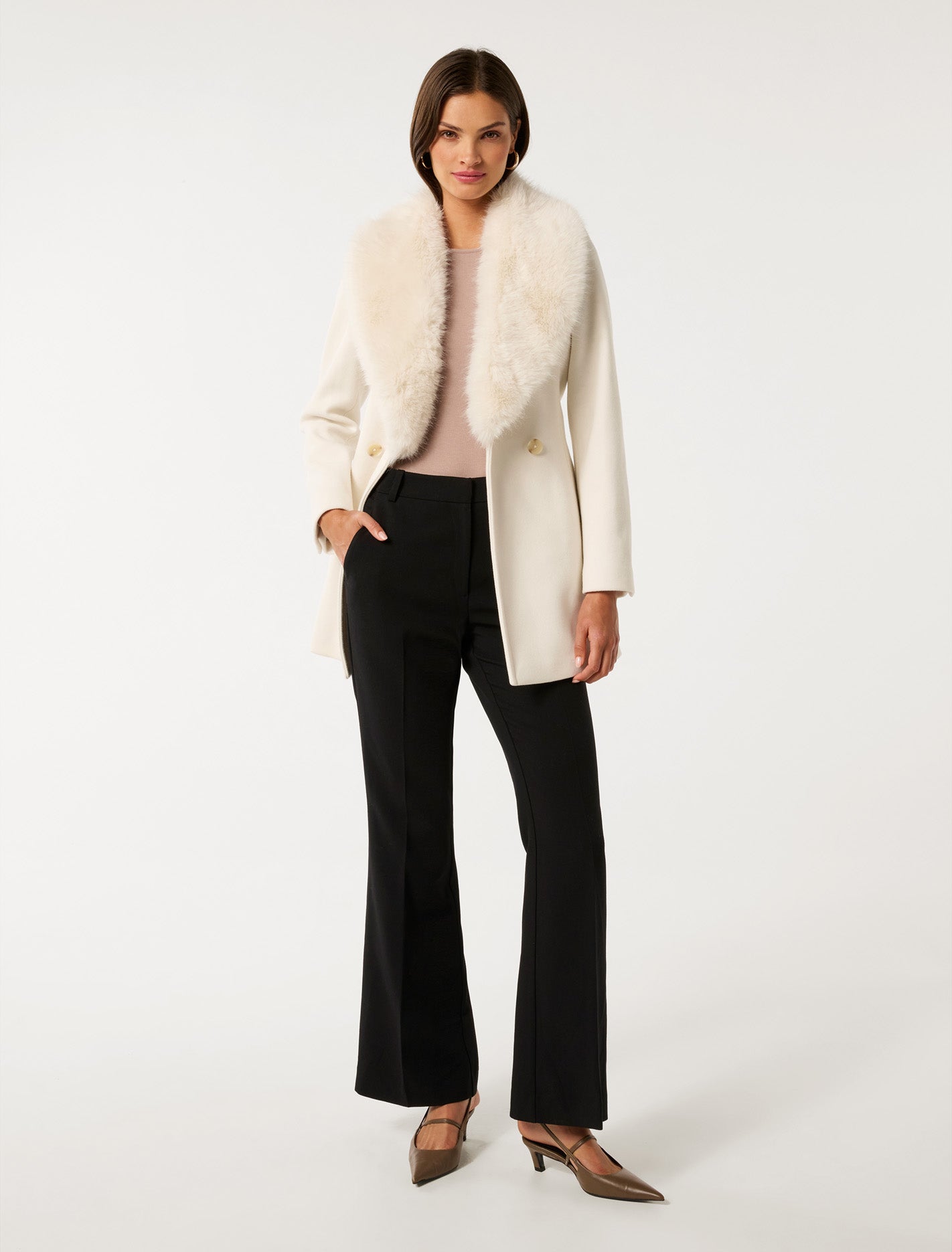 Rocky Fur Collar Wrap Coat Cream