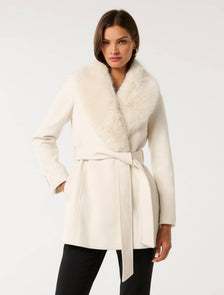 Rocky Fur Collar Wrap Coat Cream