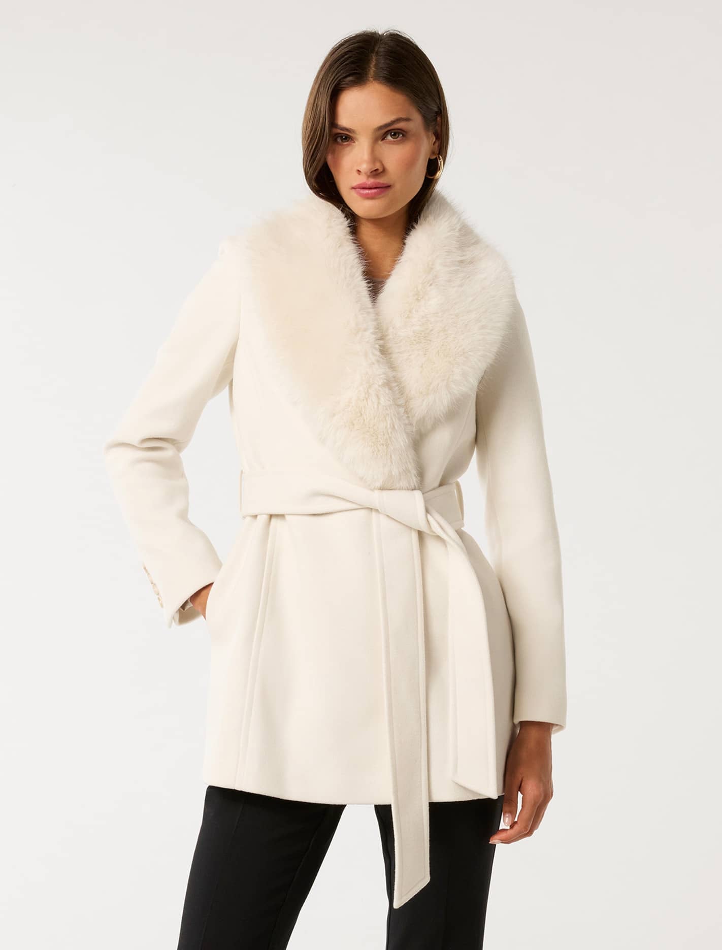Rocky Fur Collar Wrap Coat Cream