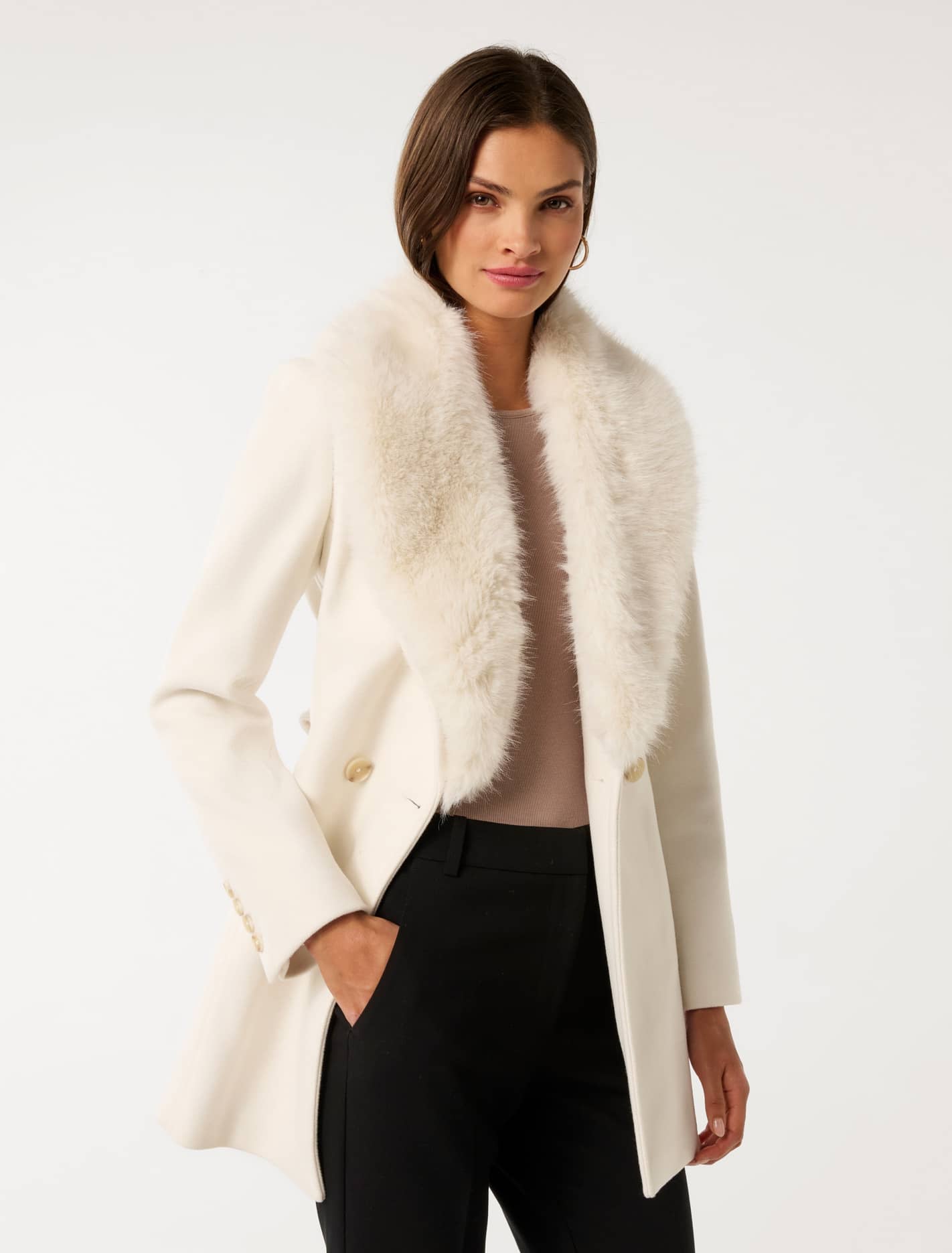 Rocky Fur Collar Wrap Coat Cream