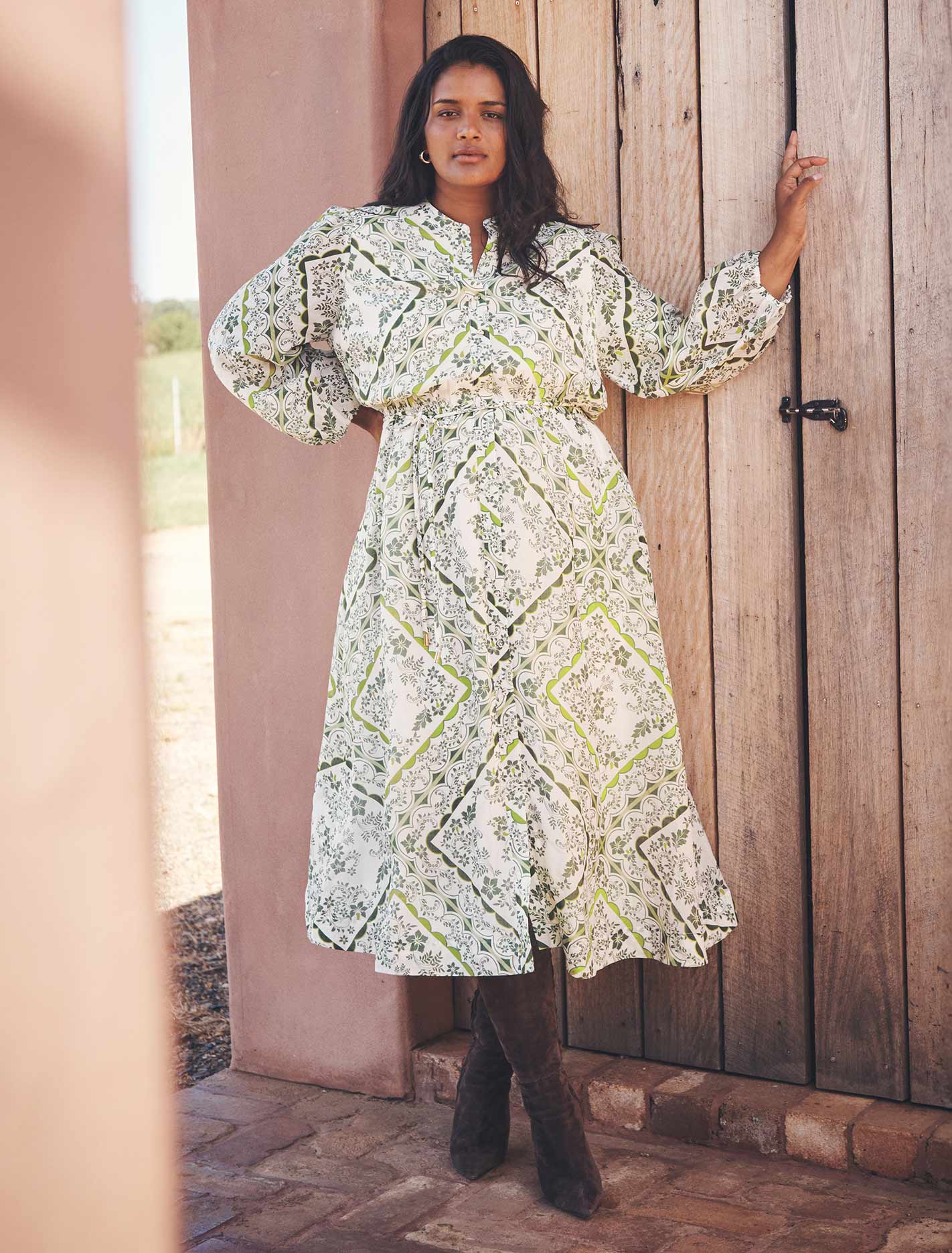 Penelope Curve Printed Midi Dress Green Penola Tile