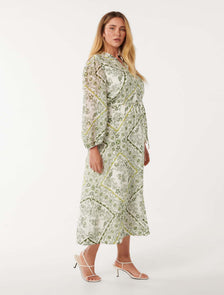 Penelope Curve Printed Midi Dress Green Penola Tile