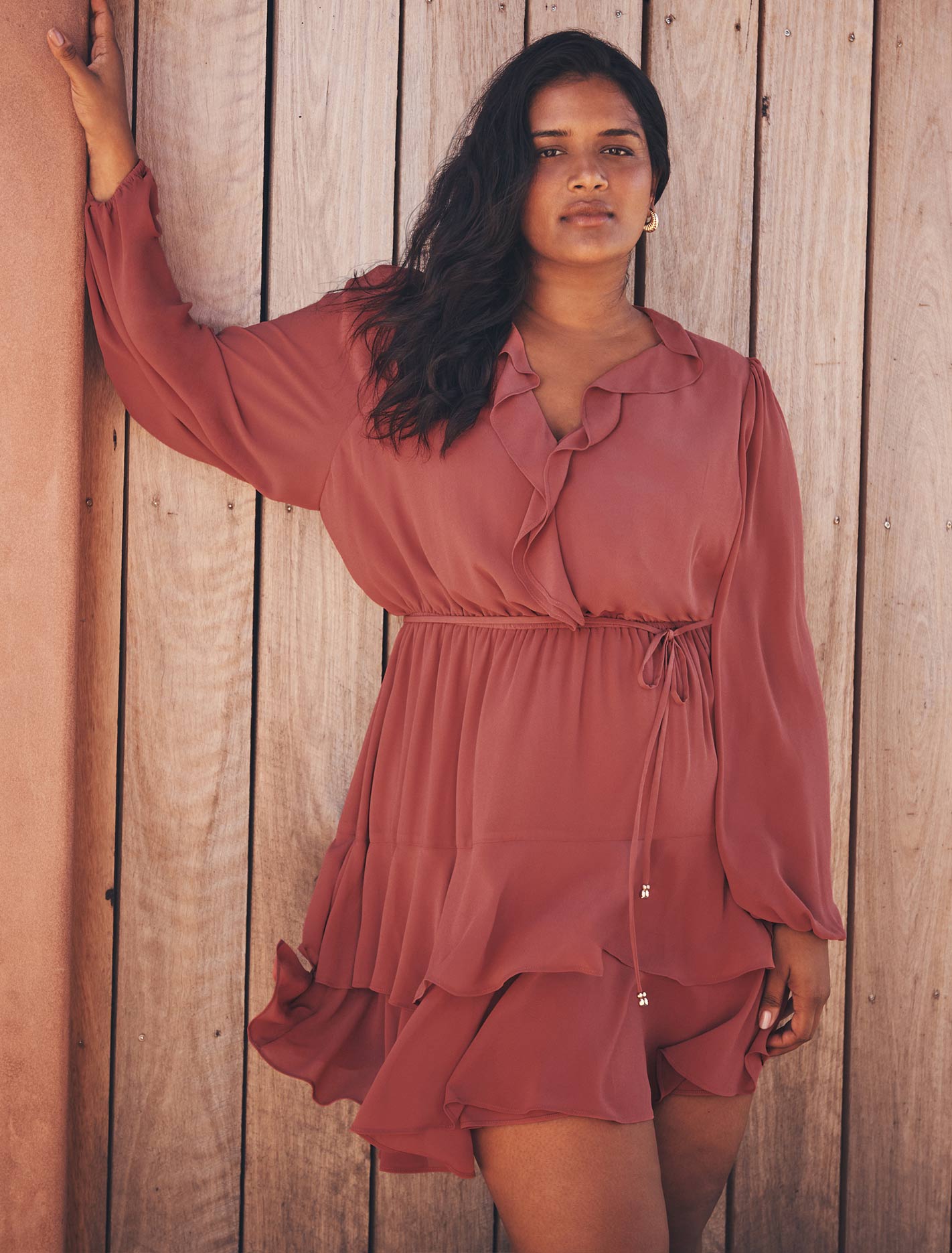 Heather Curve Ruffle Mini Dress Dark Rose
