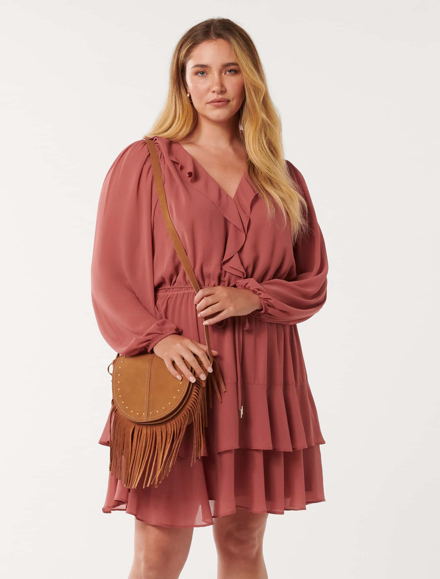 Heather Curve Ruffle Mini Dress Dark Rose