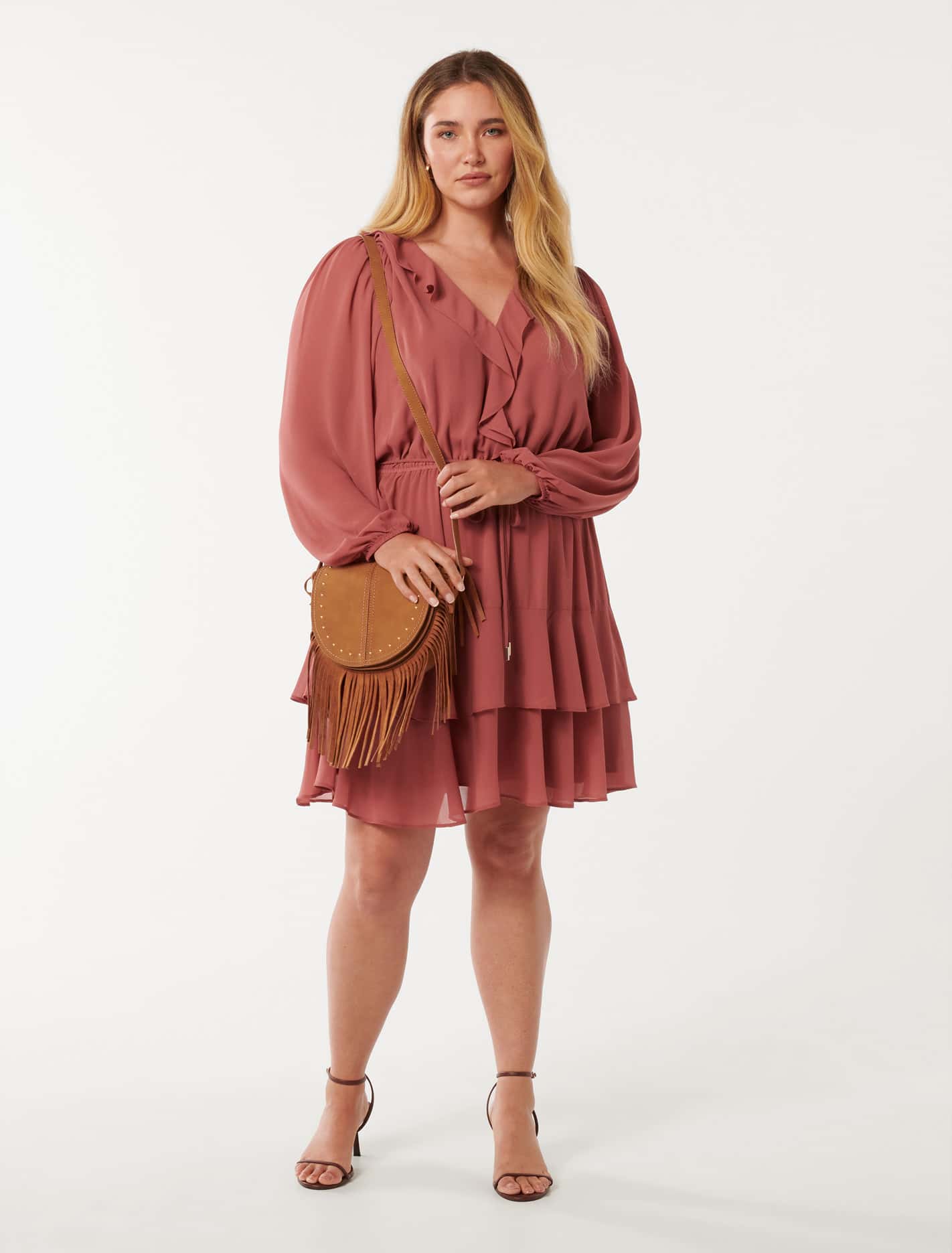 Heather Curve Ruffle Mini Dress Dark Rose