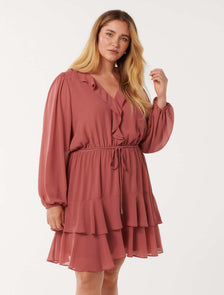 Heather Curve Ruffle Mini Dress Dark Rose